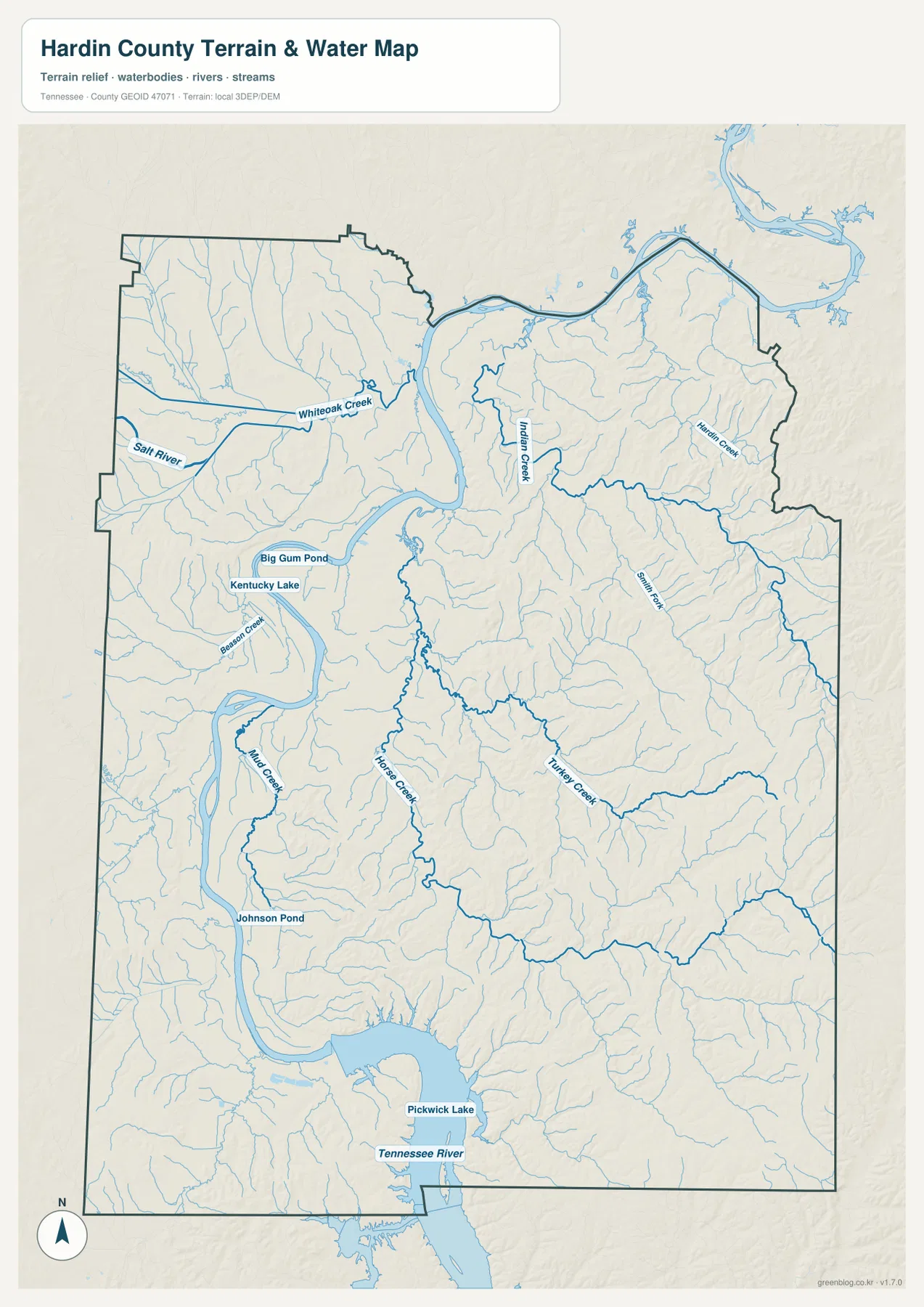 하딘 카운티 수역 지도 - Tennessee River, Kentucky Lake, Pickwick Lake, Whiteoak Creek, Indian Creek, Horse Creek