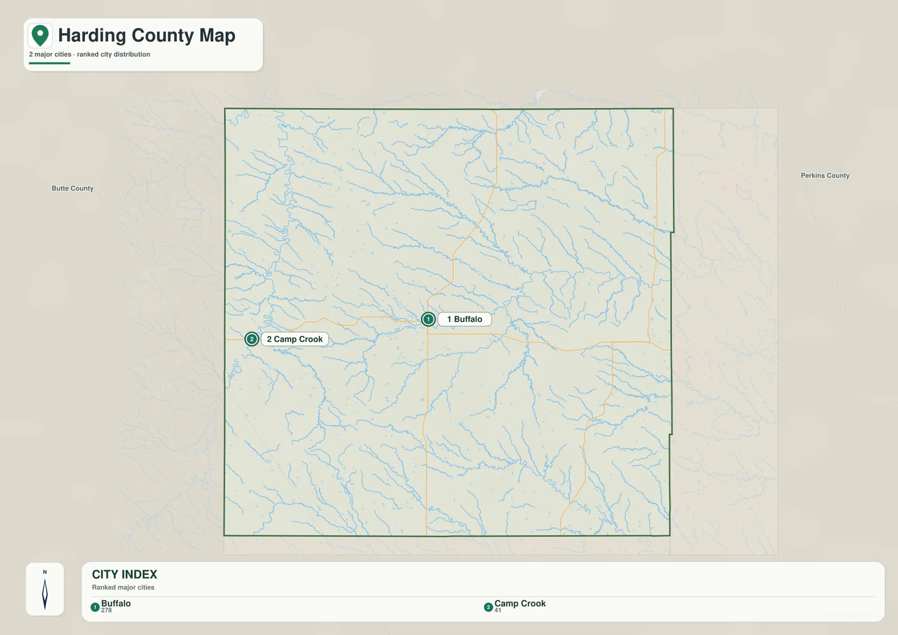 Harding County city distribution map showing Buffalo near the center and Camp Crook near the western side without distance connectors