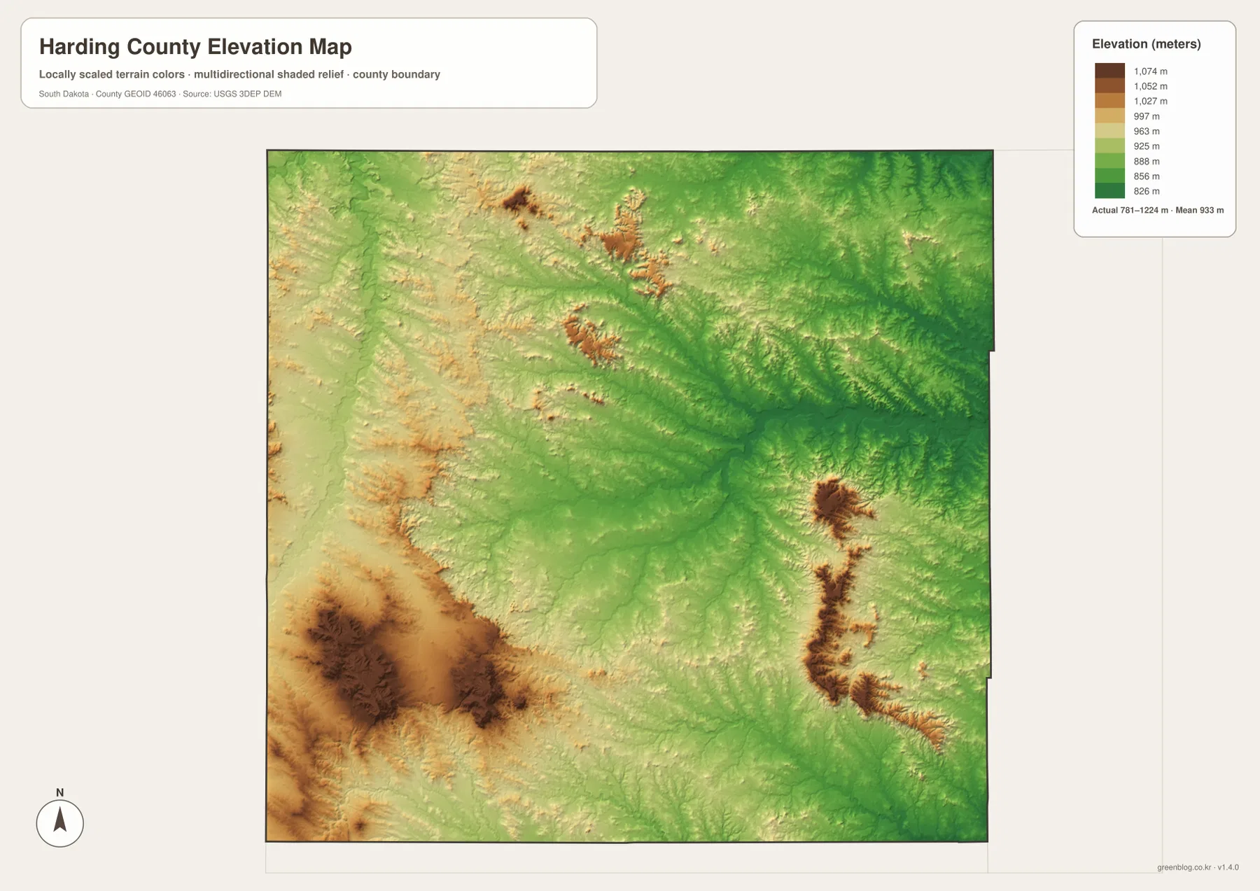 Harding County elevation map showing an actual 781–1,224 meter range, higher western and southwestern ground, and lower river valleys