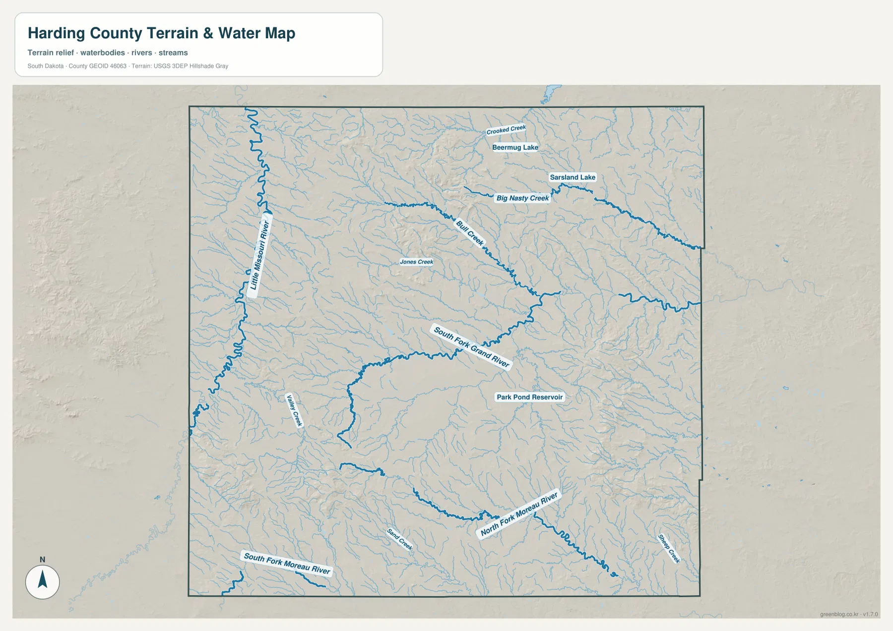 Harding County terrain and water map showing Little Missouri River, South Fork Grand River, Moreau River forks, creeks, lakes, and a reservoir