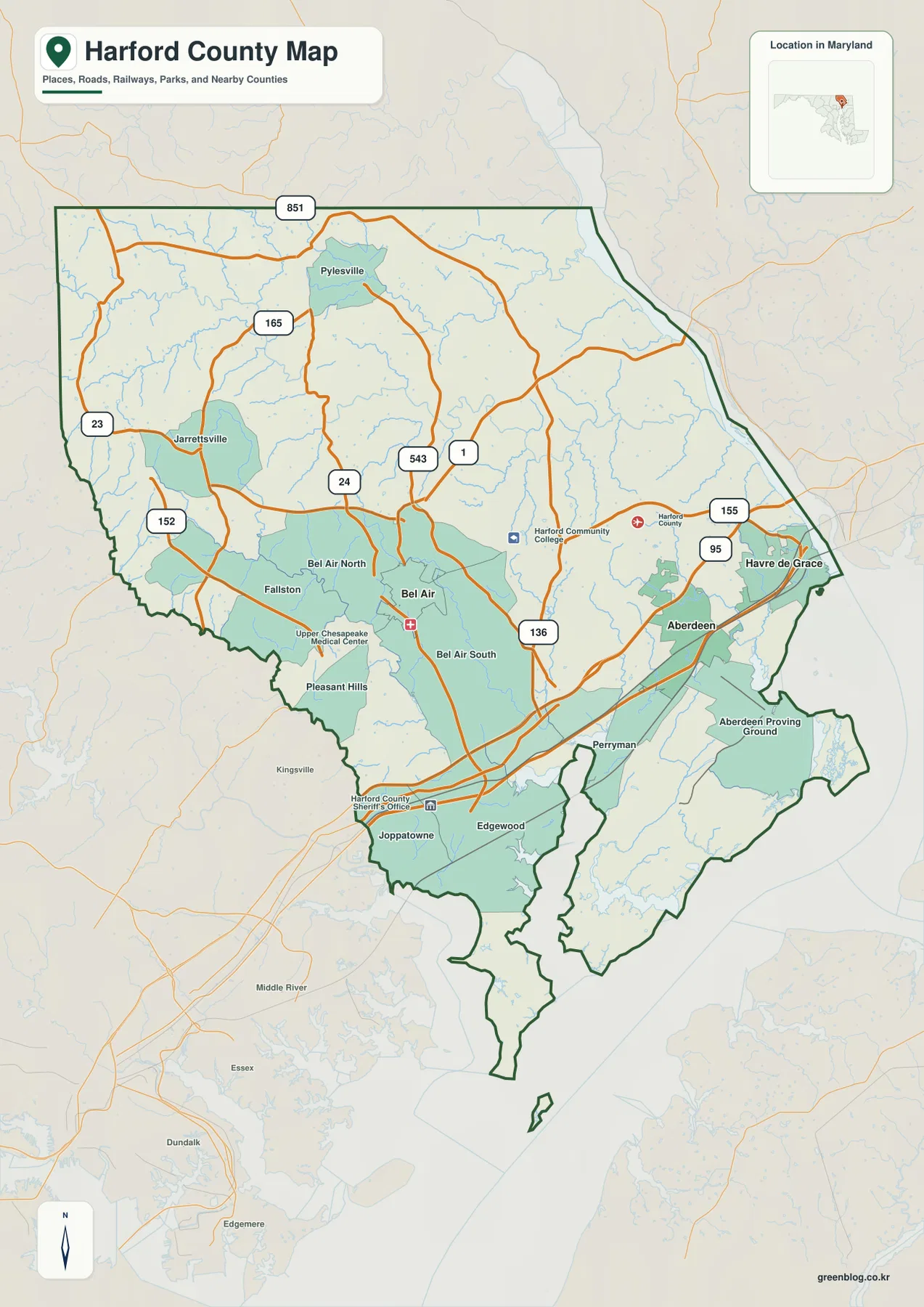Harford County Maryland 지도에 Bel Air, Aberdeen, Havre de Grace, Fallston, Jarrettsville, Pylesville, Edgewood, Joppatowne와 주요 도로가 표시된 모습