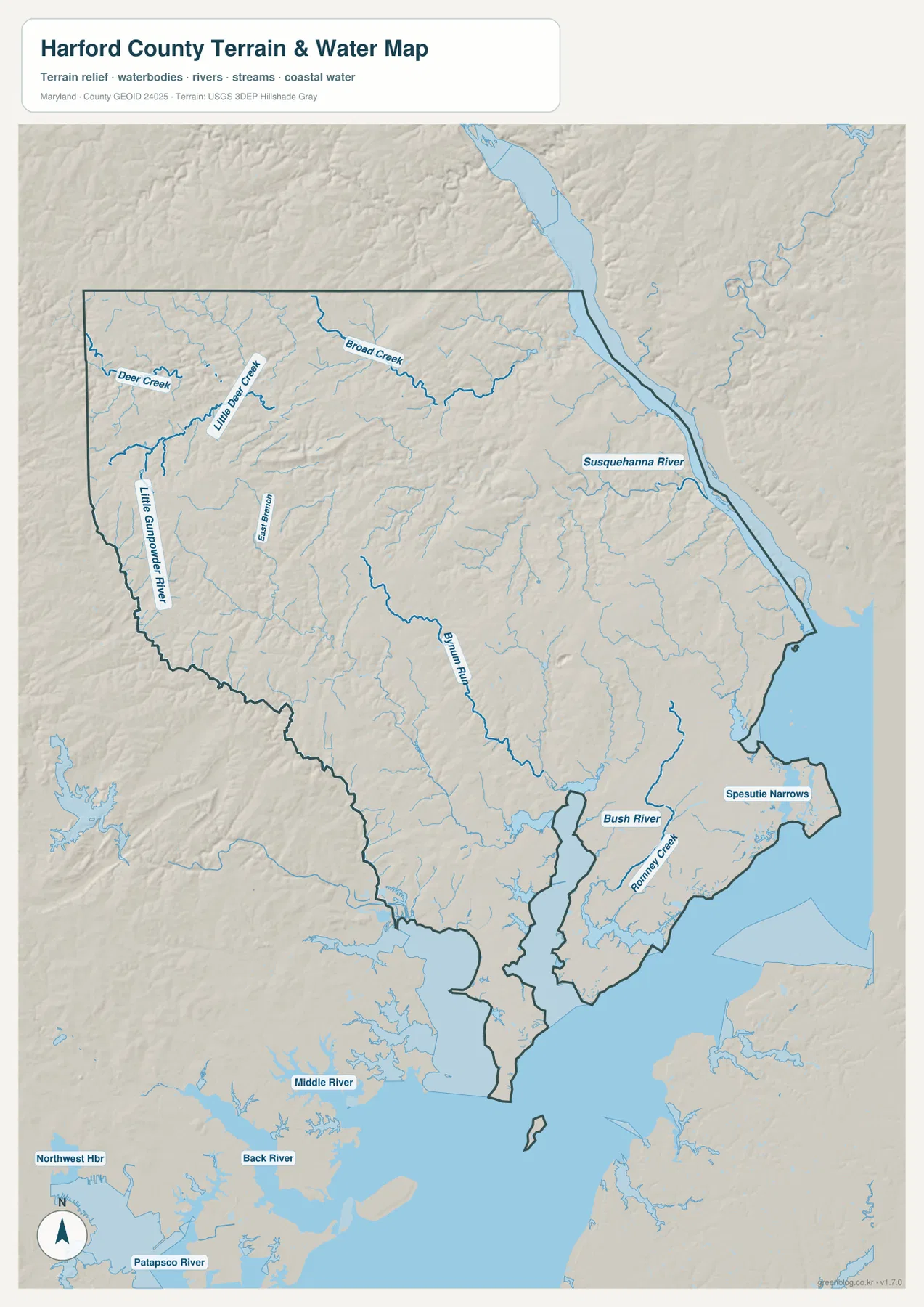 Harford County Maryland 수역 지도에 Deer Creek, Little Deer Creek, Broad Creek, Little Gunpowder River, Bynum Run, Susquehanna River, Bush River, Romney Creek와 Spesutie Narrows가 표시된 모습
