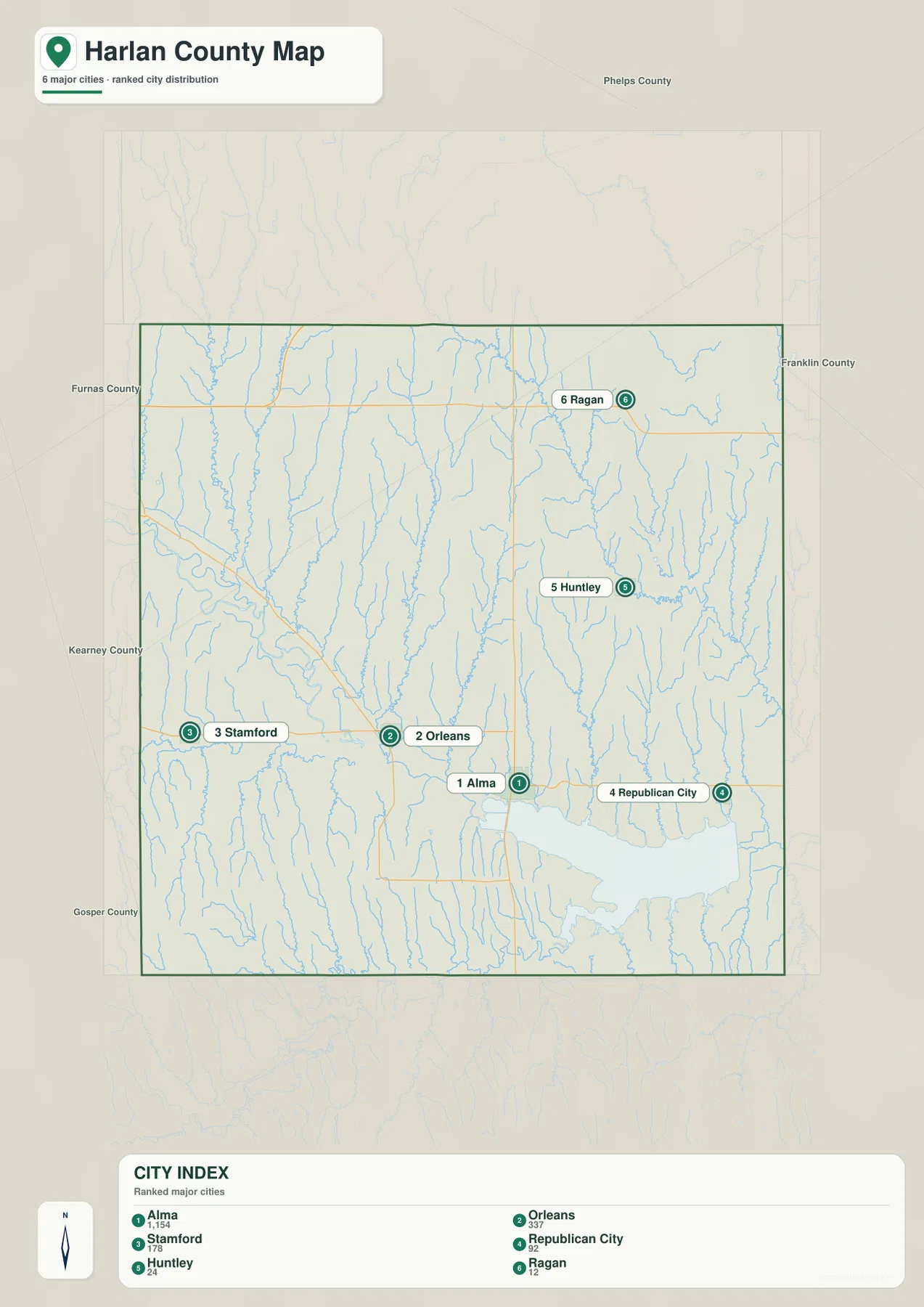 City location map of Alma, Orleans, Stamford, Republican City, Huntley, and Ragan in Harlan County Nebraska