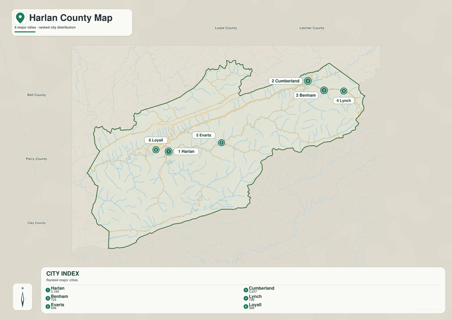 Harlan County city map showing Harlan, Cumberland, Benham, Lynch, Evarts, and Loyall