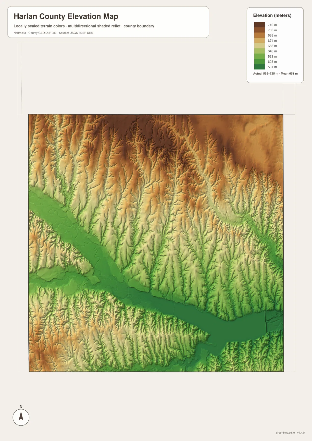 Harlan County Nebraska elevation map showing a 569 to 725 meter range and the low Republican River and lake corridor