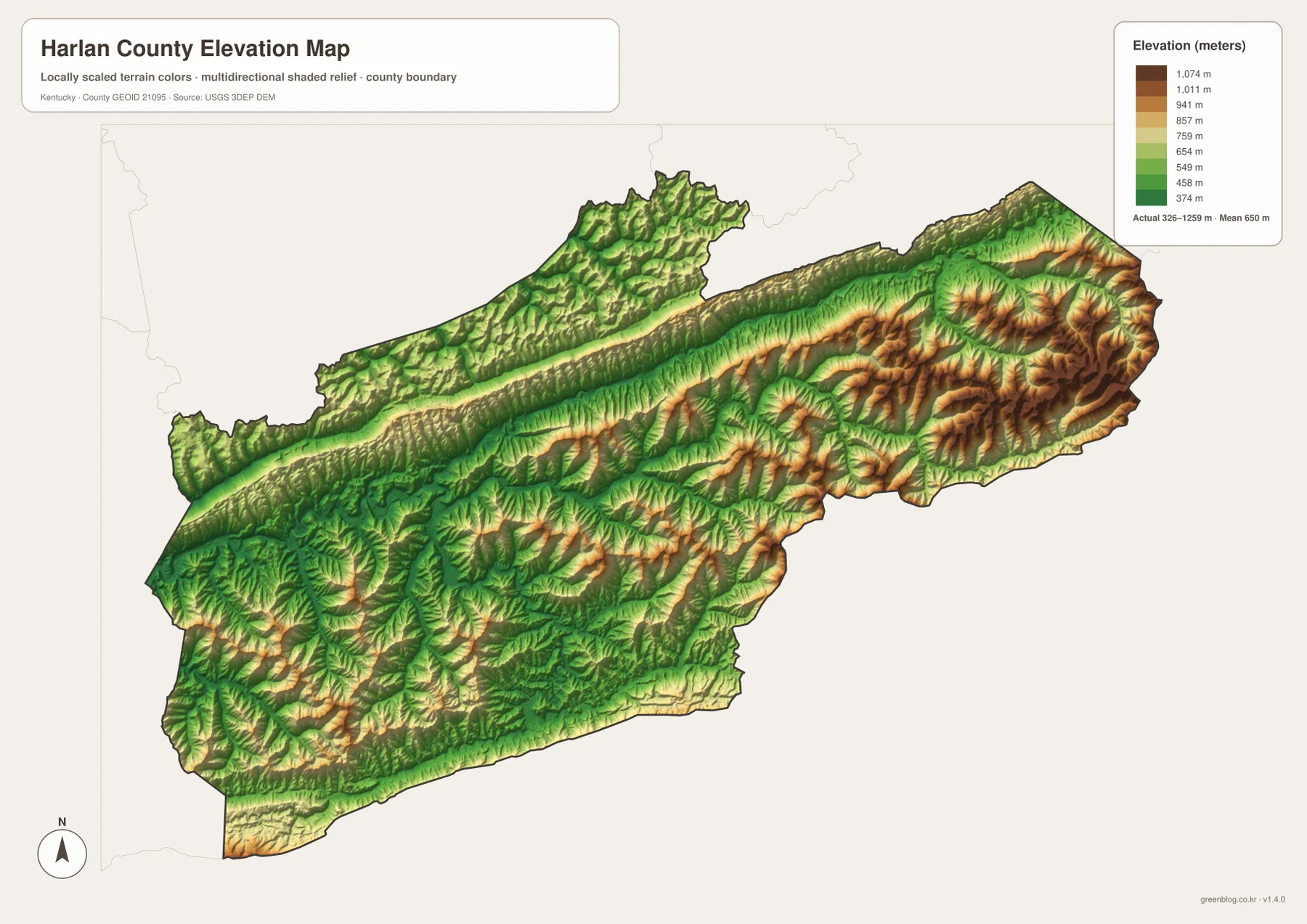 Harlan County elevation map showing an actual range of 326 to 1259 meters and a mean of 650 meters