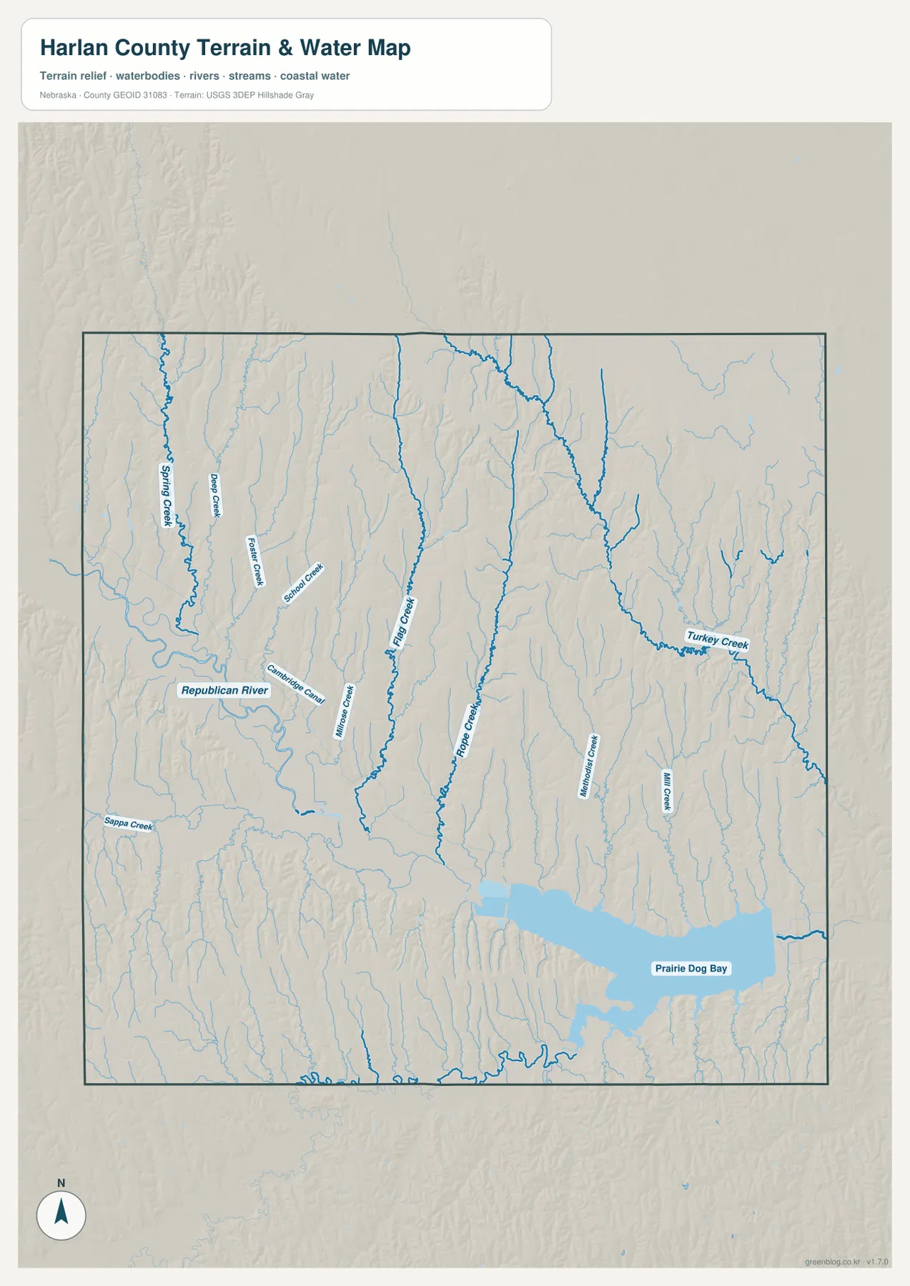 Harlan County terrain and water map showing the Republican River, Harlan County Lake, Prairie Dog Bay, Turkey Creek, and other tributaries