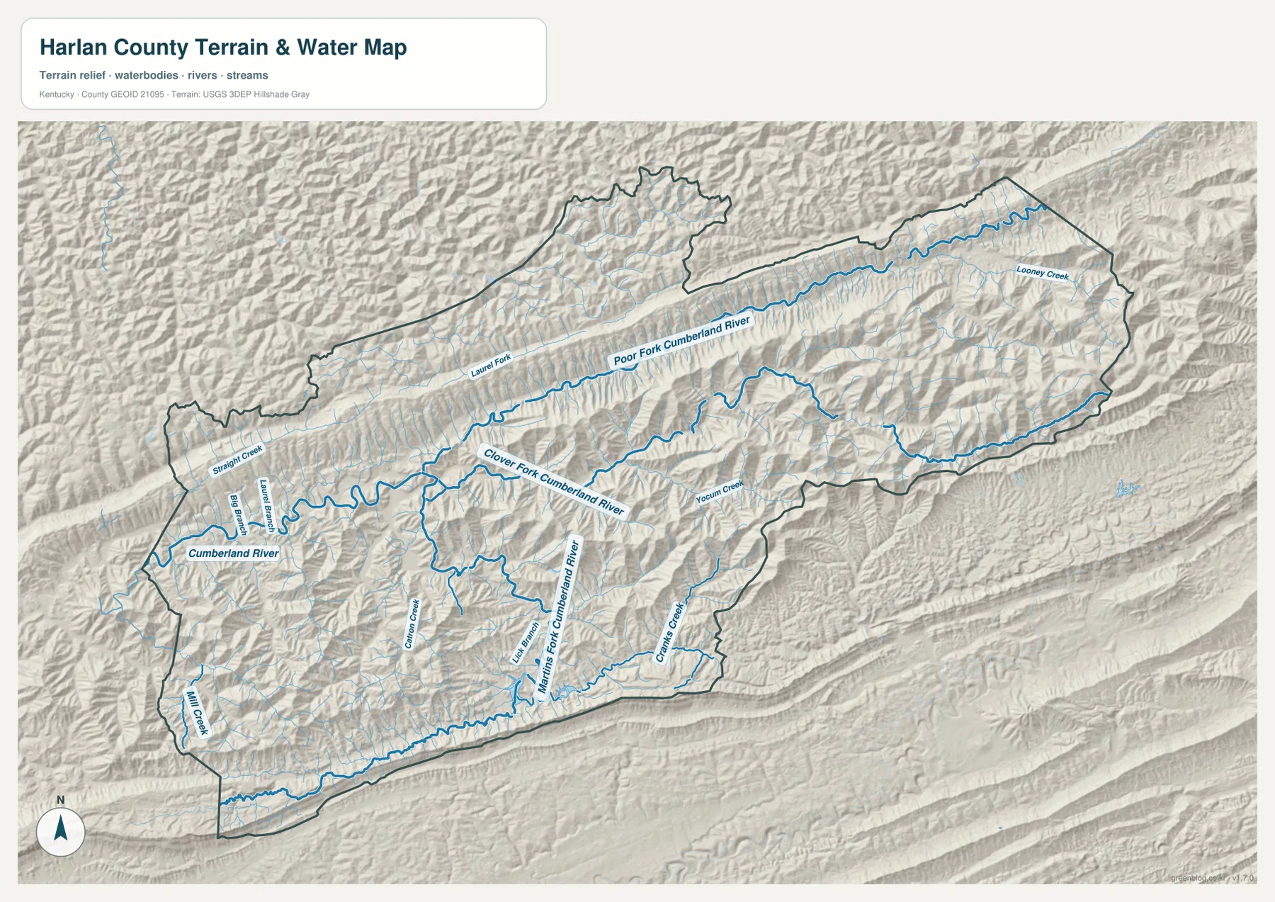 Harlan County terrain and water map showing Cumberland River, Poor Fork, Clover Fork, Martins Fork, and mountain creeks