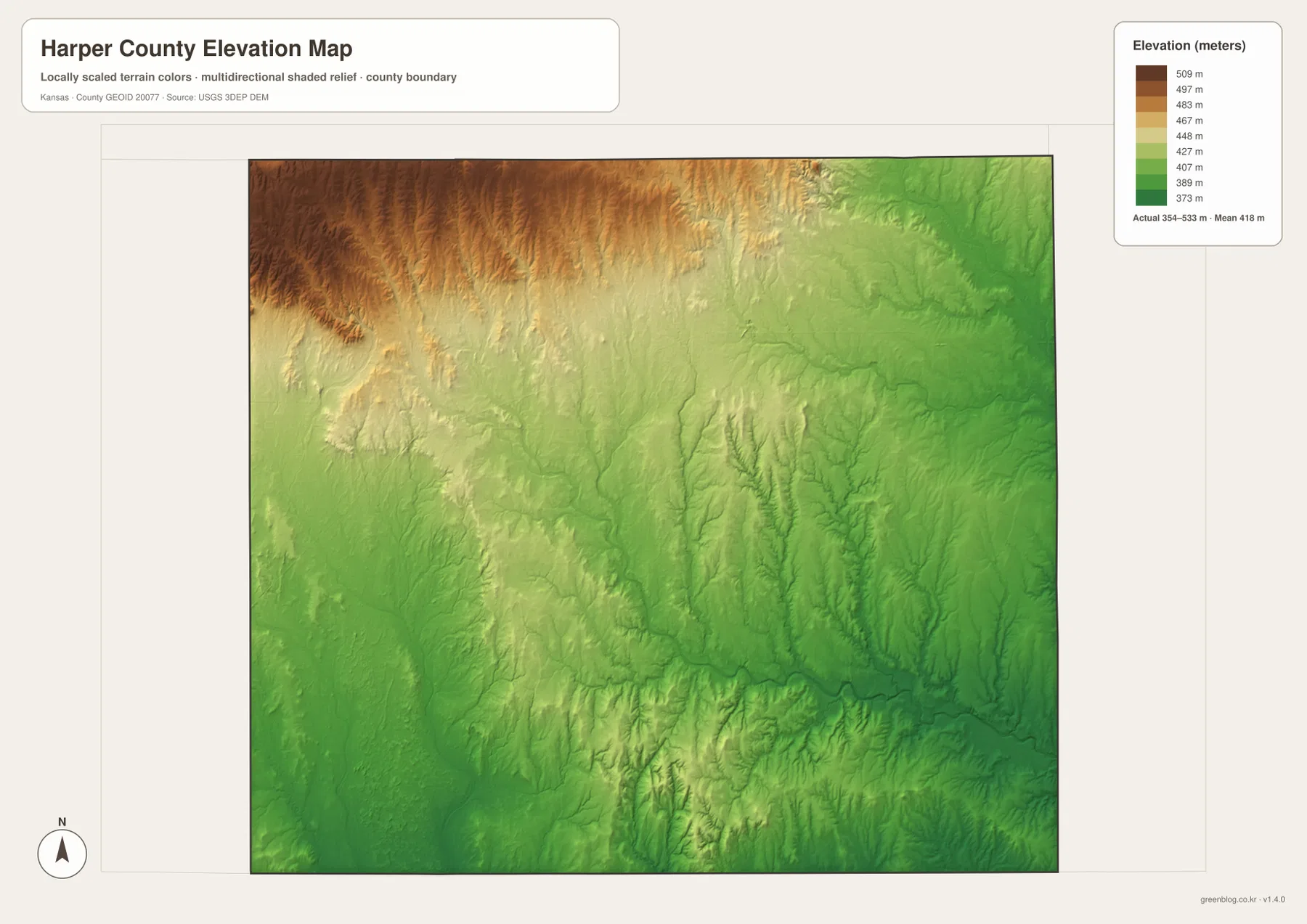 Harper County elevation map showing the 354–533 meter range, higher northwestern terrain, and lower Chicaskia River and Bluff Creek valleys