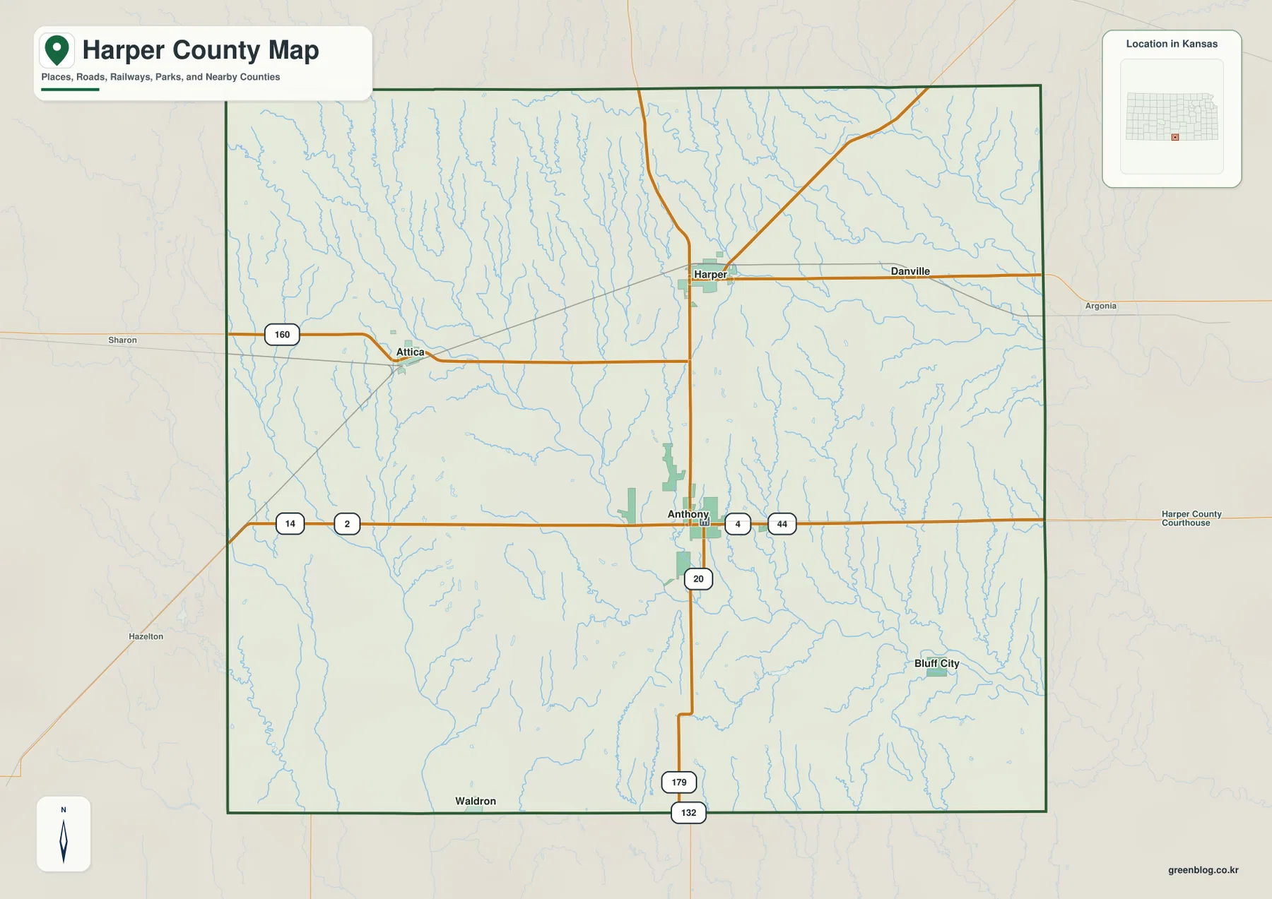Harper County Kansas general map showing Anthony, Harper, Attica, Bluff City, Danville, Waldron, U.S. 160, and major roads