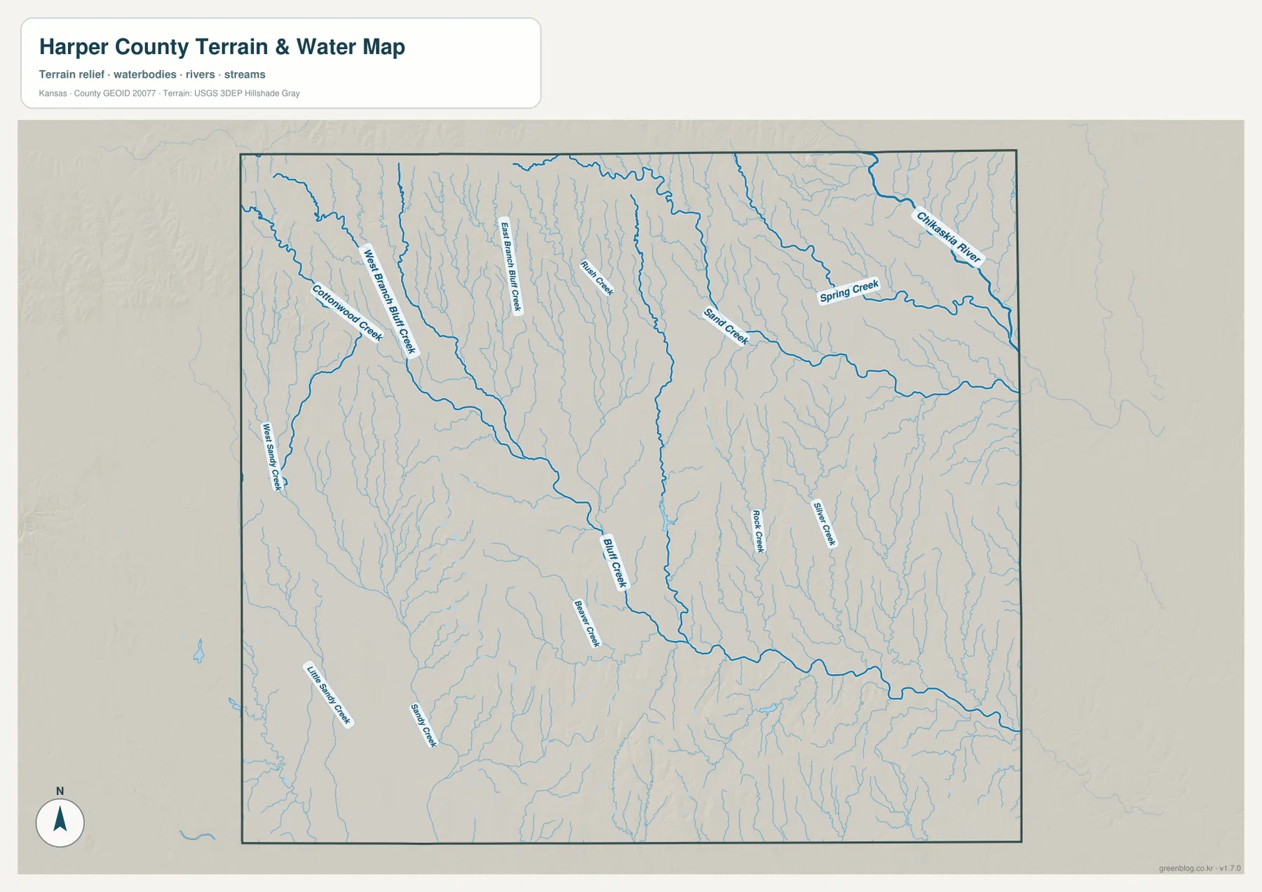 Harper County terrain and water map showing Chicaskia River, Bluff Creek, West Branch Bluff Creek, East Branch Bluff Creek, Cottonwood Creek, Sand Creek, Rush Creek, Beaver Creek, and tributaries