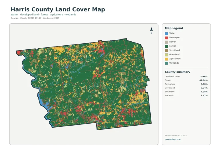 조지아주 해리스 카운티 토지 피복 지도(Harris County) – Lake Harding 수변과 Pine Mountain 숲