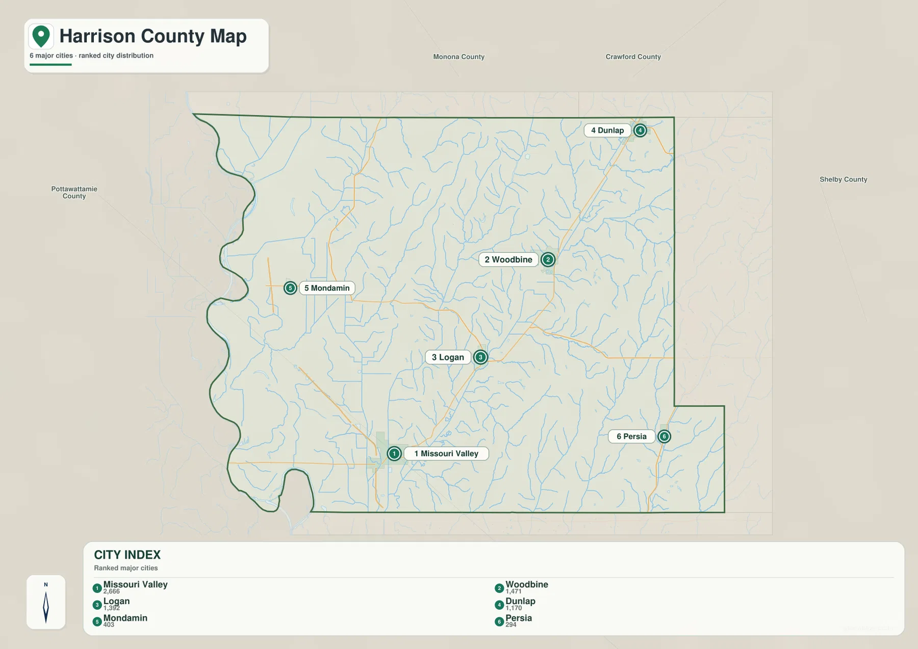 Harrison County Iowa Missouri Valley Woodbine Logan Dunlap Mondamin Persia 도시 지도