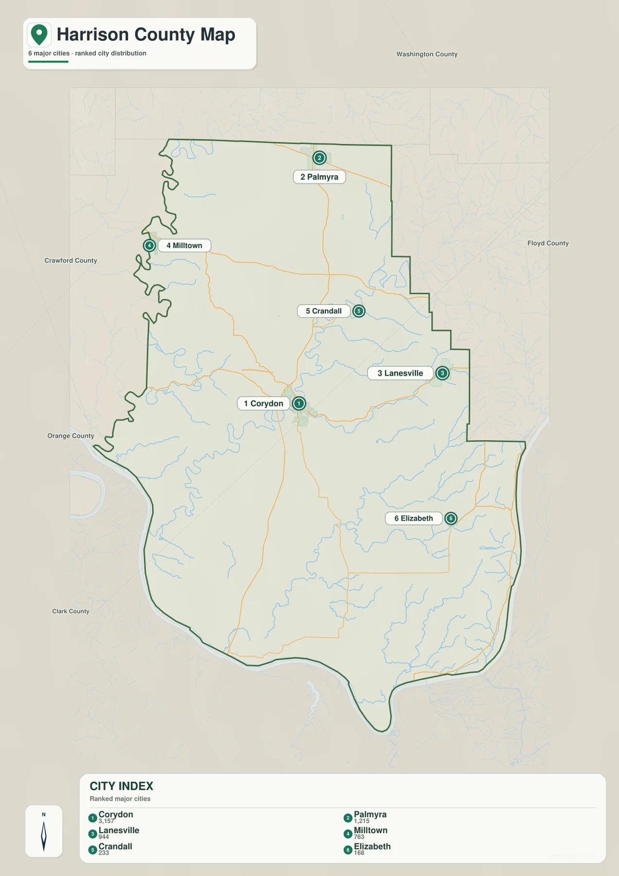 Harrison County city index map ranking Corydon, Palmyra, Lanesville, Milltown, Crandall, and Elizabeth