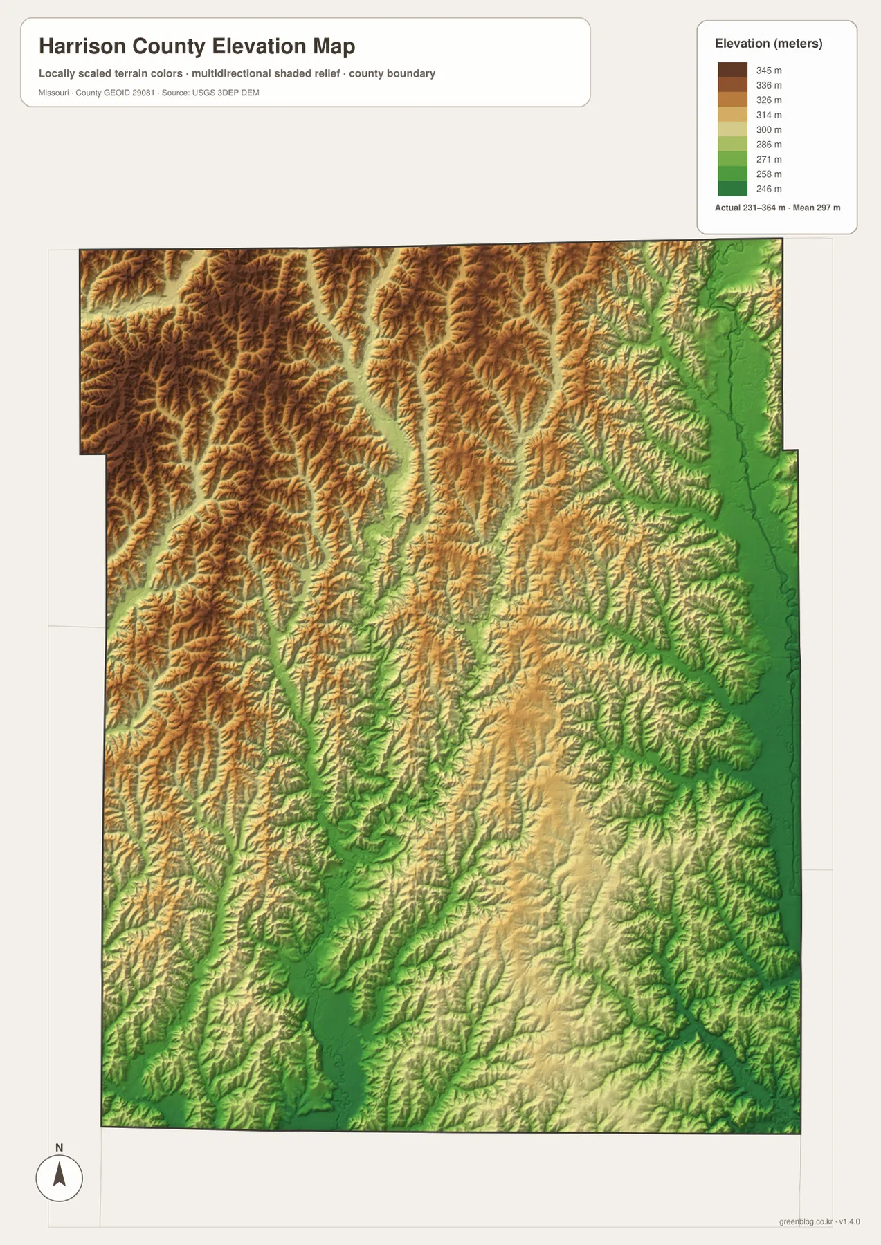 Harrison County elevation map from 231 to 364 meters