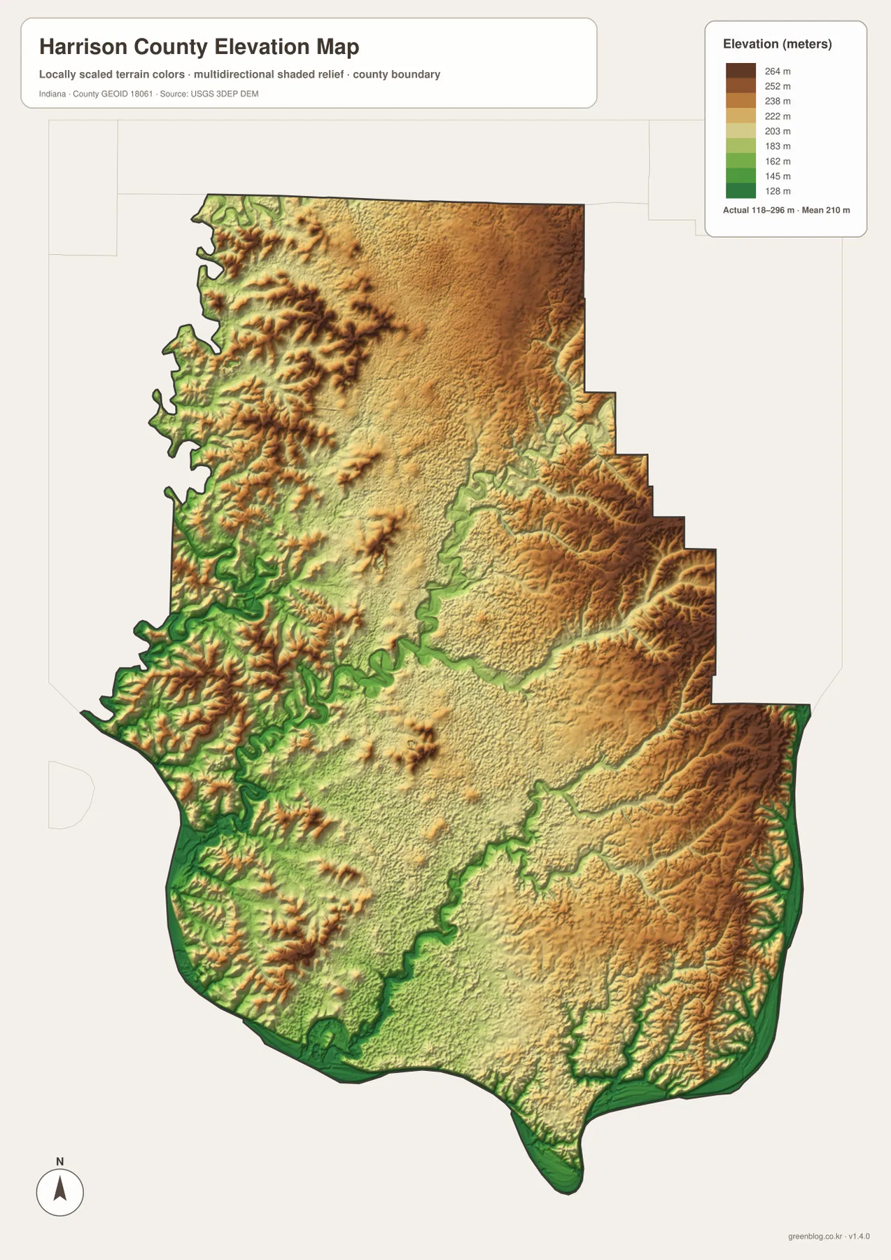 Harrison County elevation map showing brown ridges in the northwest and east and green valleys along Blue River, Indian Creek, and the Ohio River