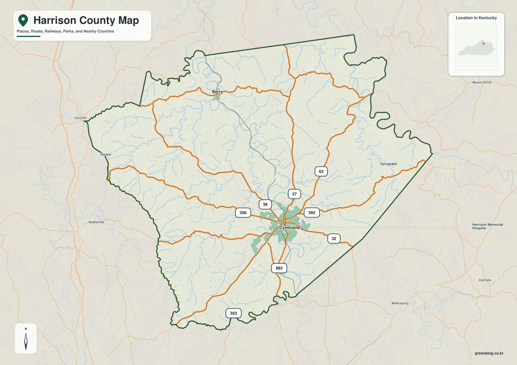 Cynthiana, Berry, U.S. 27과 주요 주도로가 표시된 켄터키주 해리슨 카운티 지도