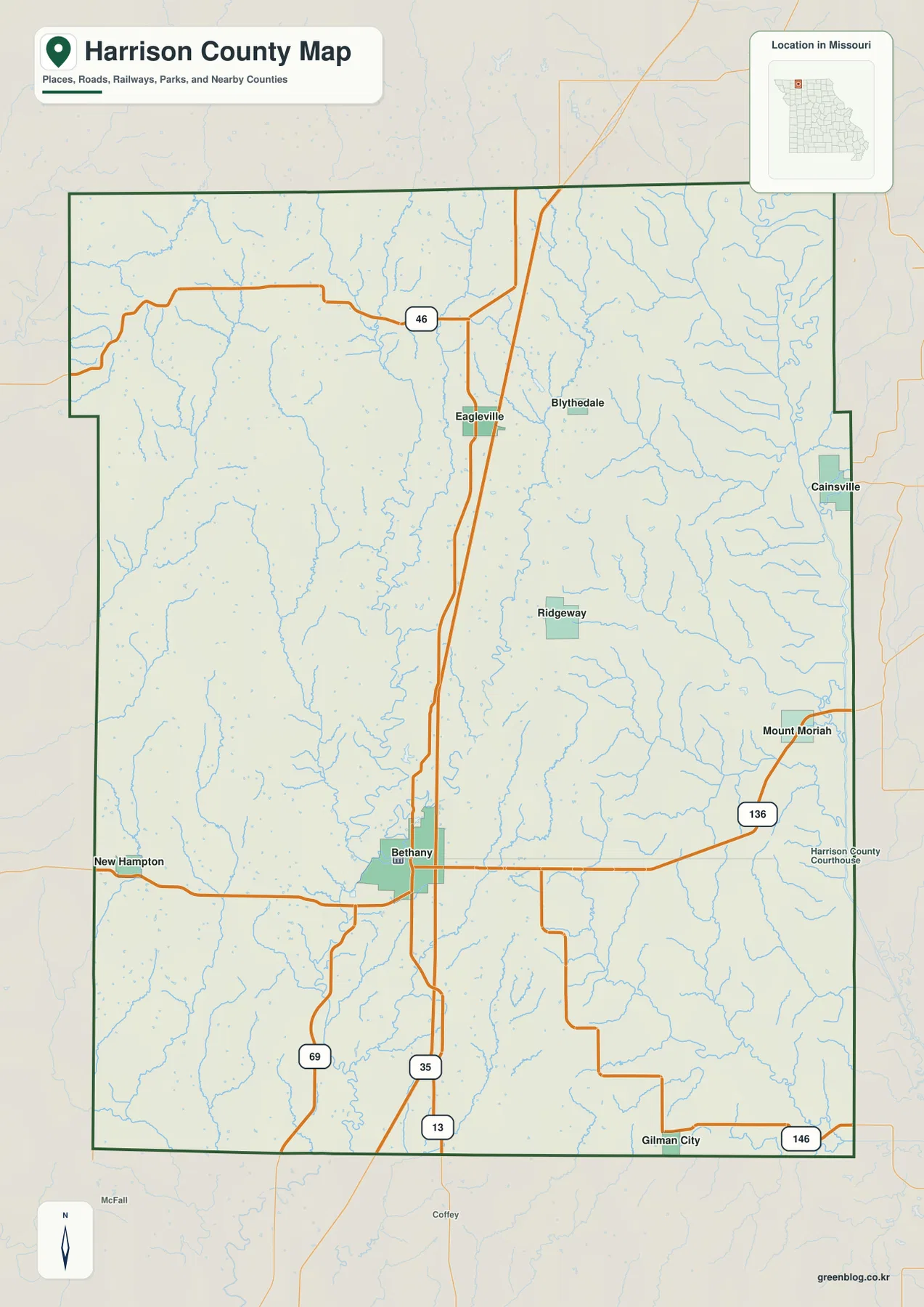 Harrison County Missouri roads and Bethany map