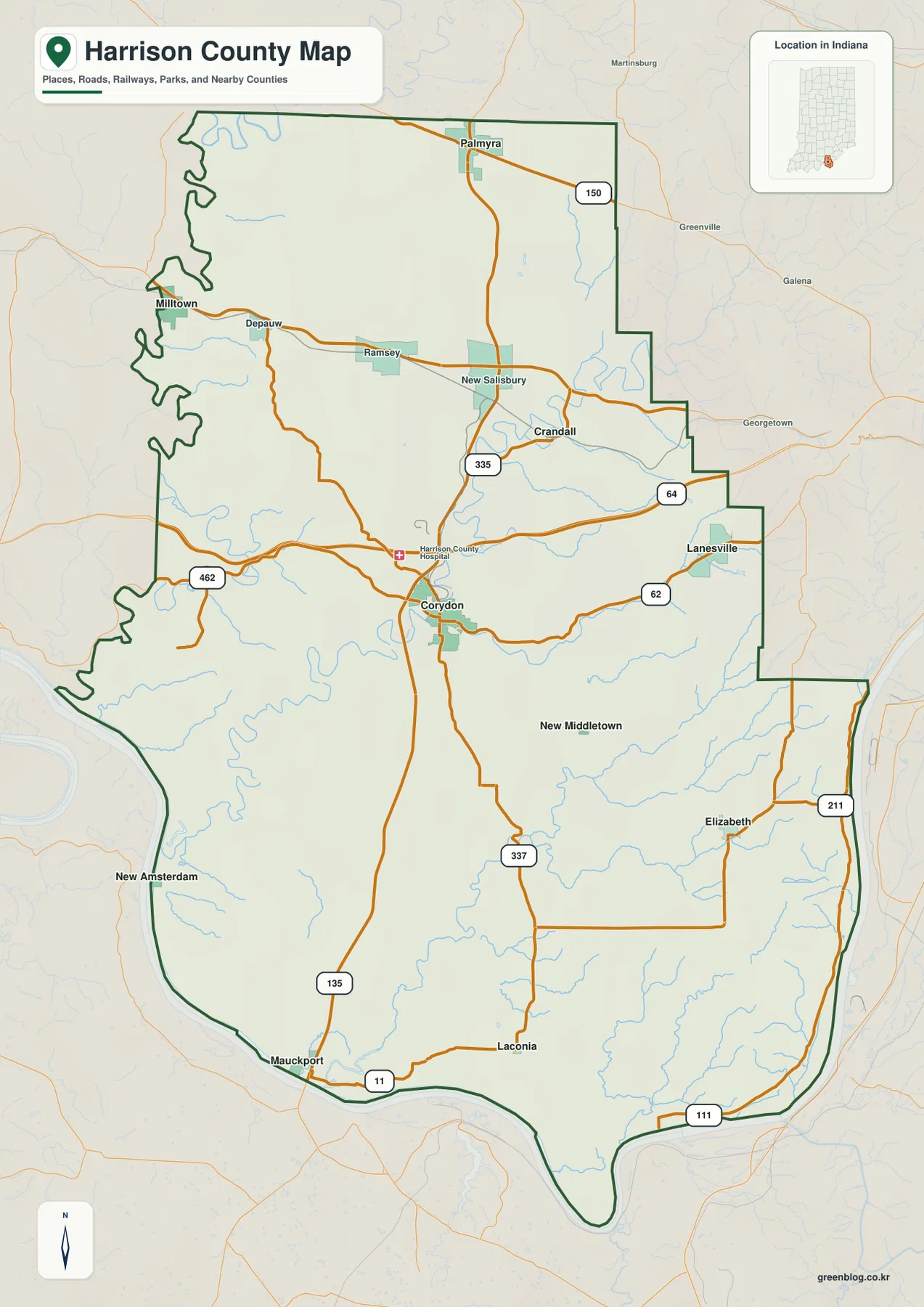 Harrison County Indiana general map showing Corydon, Palmyra, Milltown, Lanesville, Elizabeth, and State Roads 135, 62, and 64