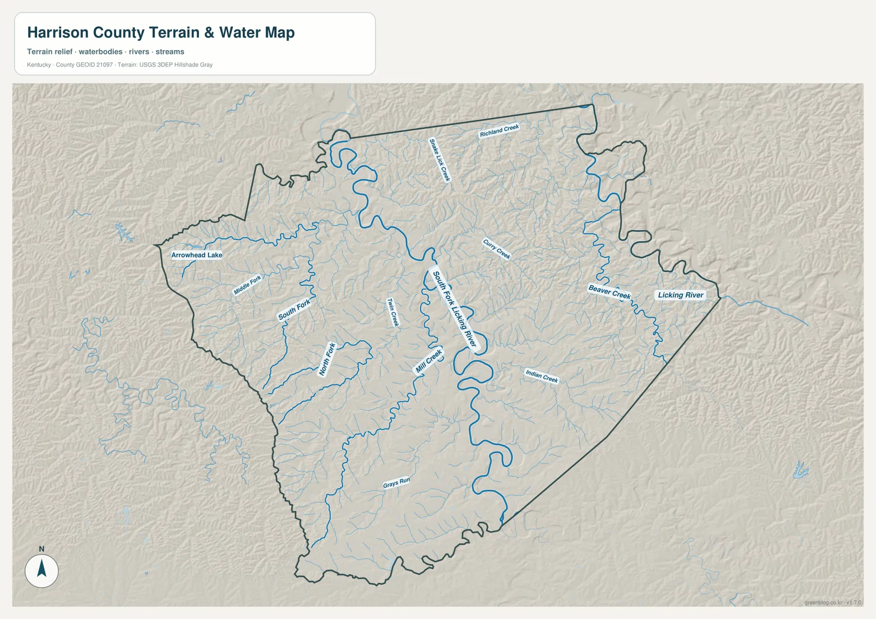 South Fork Licking River와 Richland Creek, Beaver Creek, Indian Creek 등이 표시된 해리슨 카운티 수역 지도