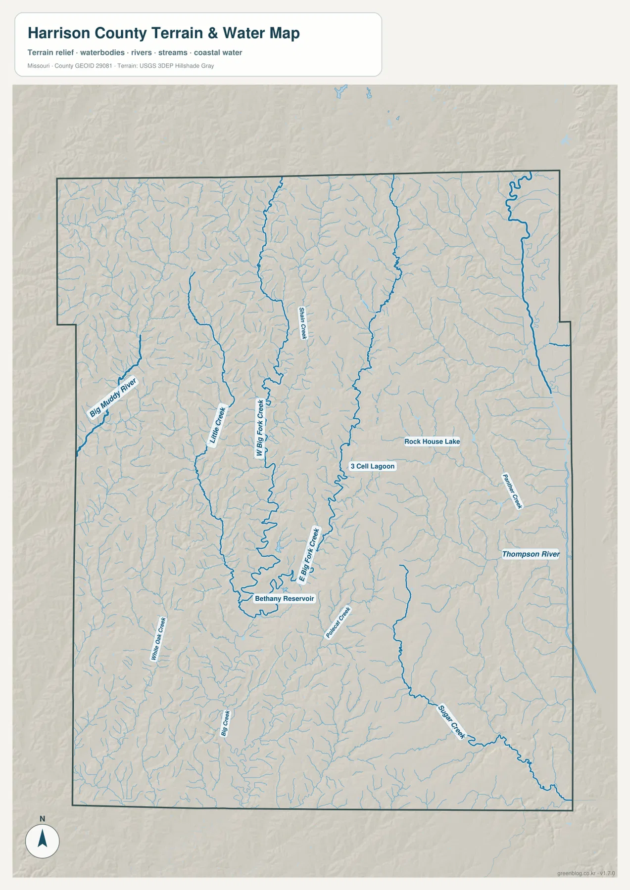 Harrison County Big Muddy River and Thompson River terrain map