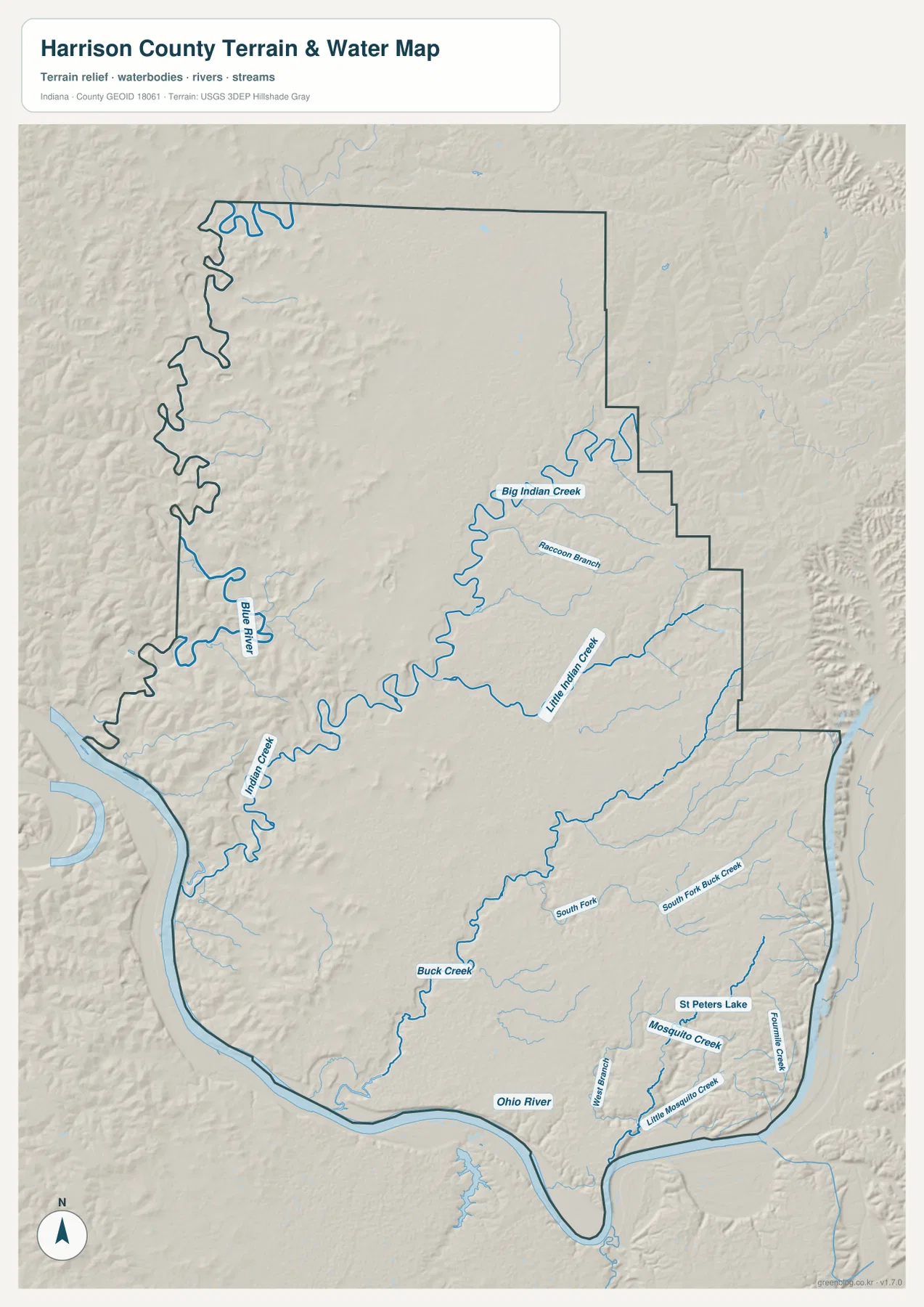 Harrison County terrain and water map showing Blue River, Indian Creek, Big Indian Creek, Little Indian Creek, Buck Creek, and the Ohio River