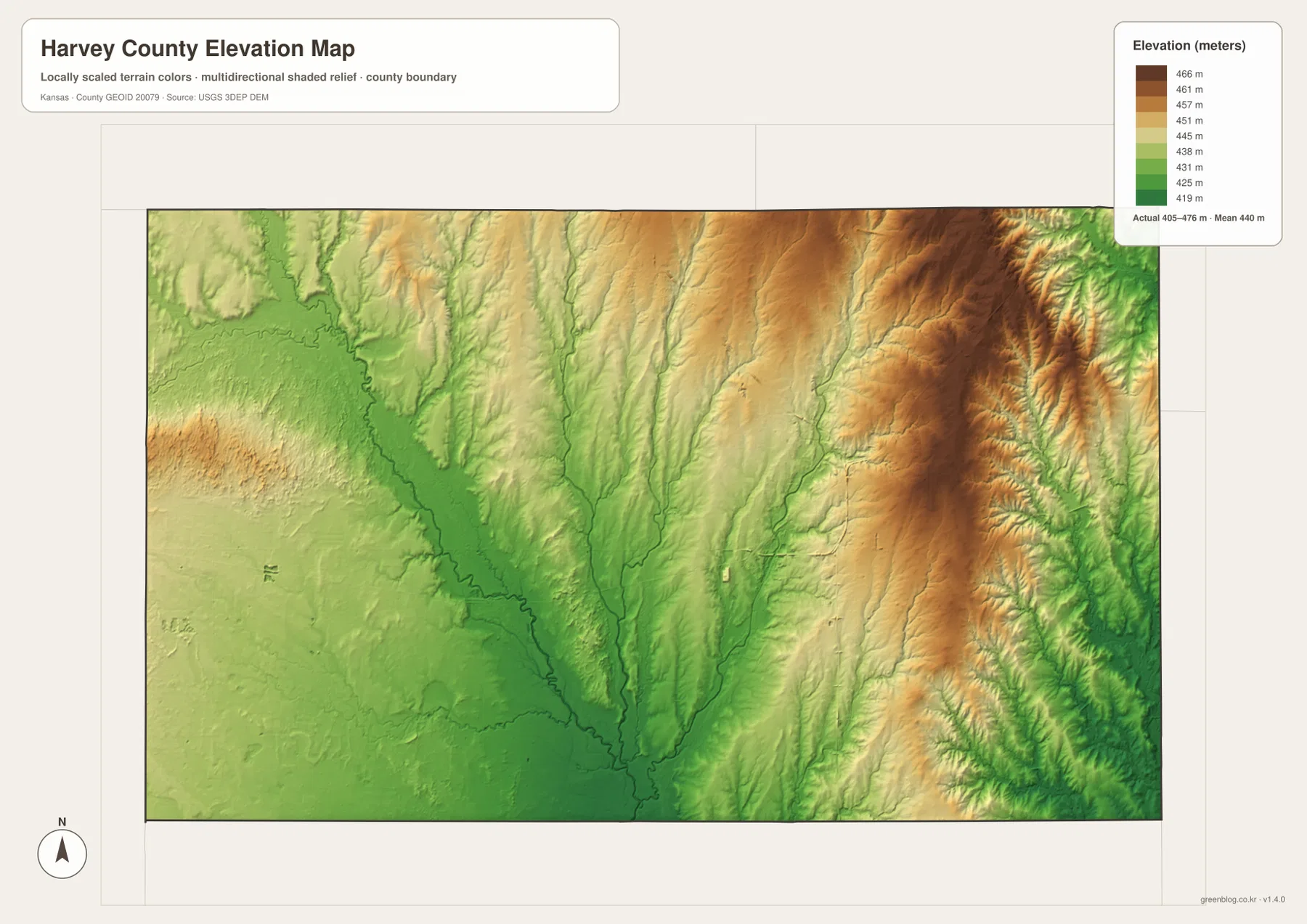 Harvey County elevation map showing the 405–476 meter range, Little Arkansas River lowlands, and higher eastern and northeastern terrain