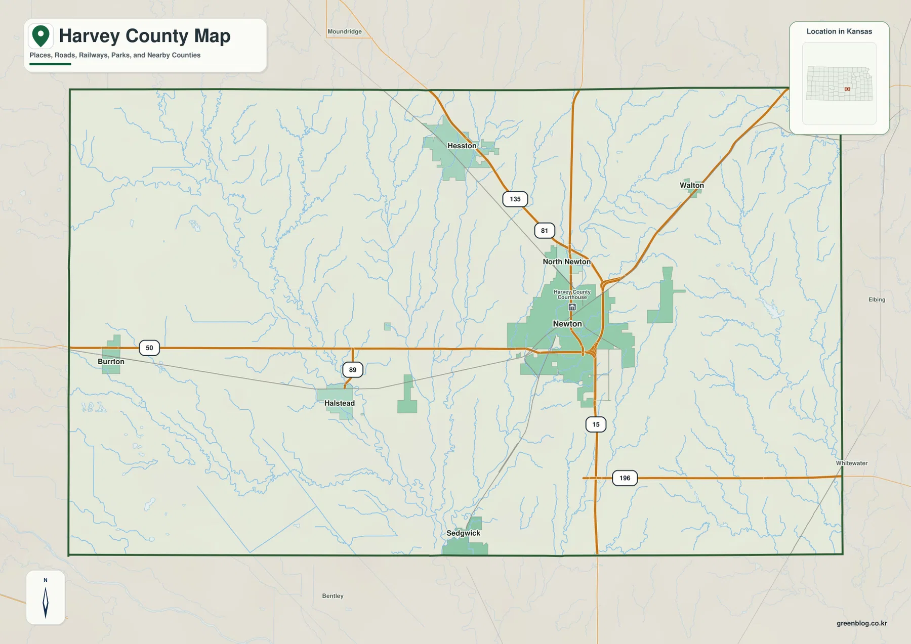 Harvey County Kansas general map showing Newton, Hesston, North Newton, Halstead, Burrton, Sedgwick, U.S. 50, I-135, K-15, and major roads