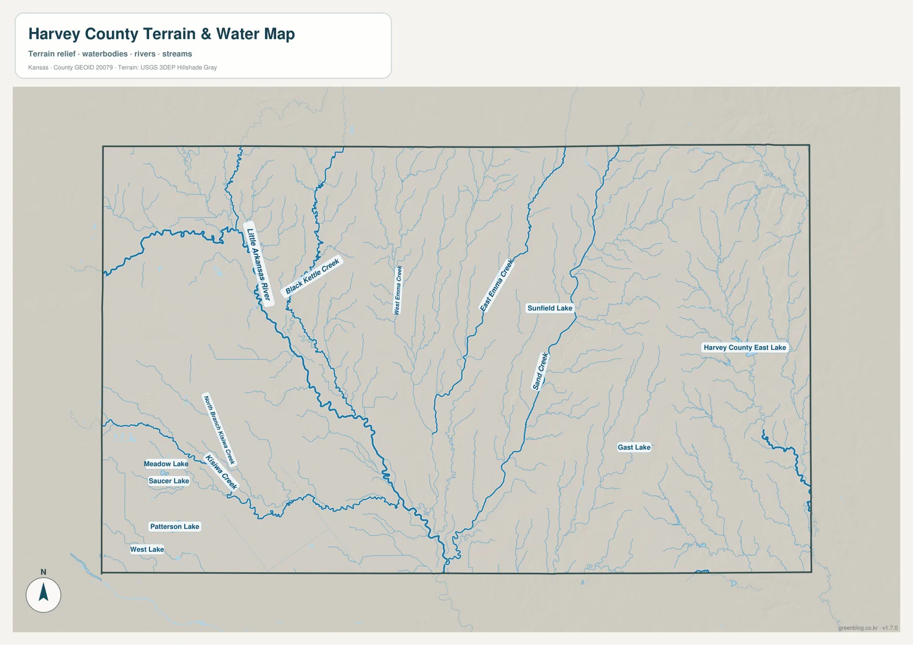 Harvey County terrain and water map showing Little Arkansas River, Sand Creek, East Emma Creek, West Emma Creek, Black Kettle Creek, and local lakes