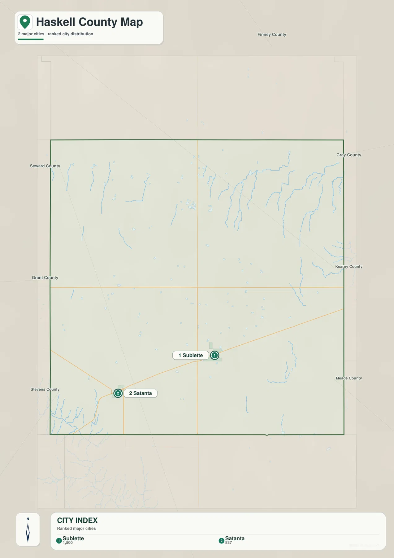 Haskell County city map showing Sublette and Satanta as the two ranked major cities