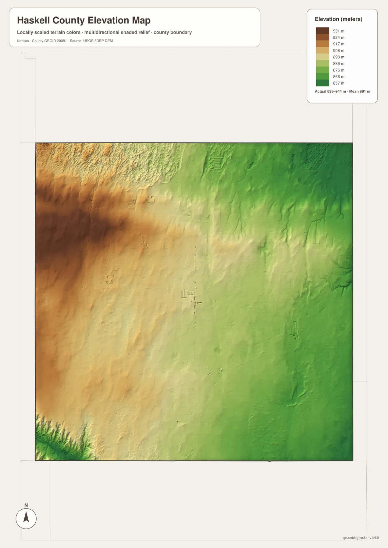 Haskell County elevation map showing the 838–944 meter range, higher western High Plains, and lower eastern Crooked Creek terrain