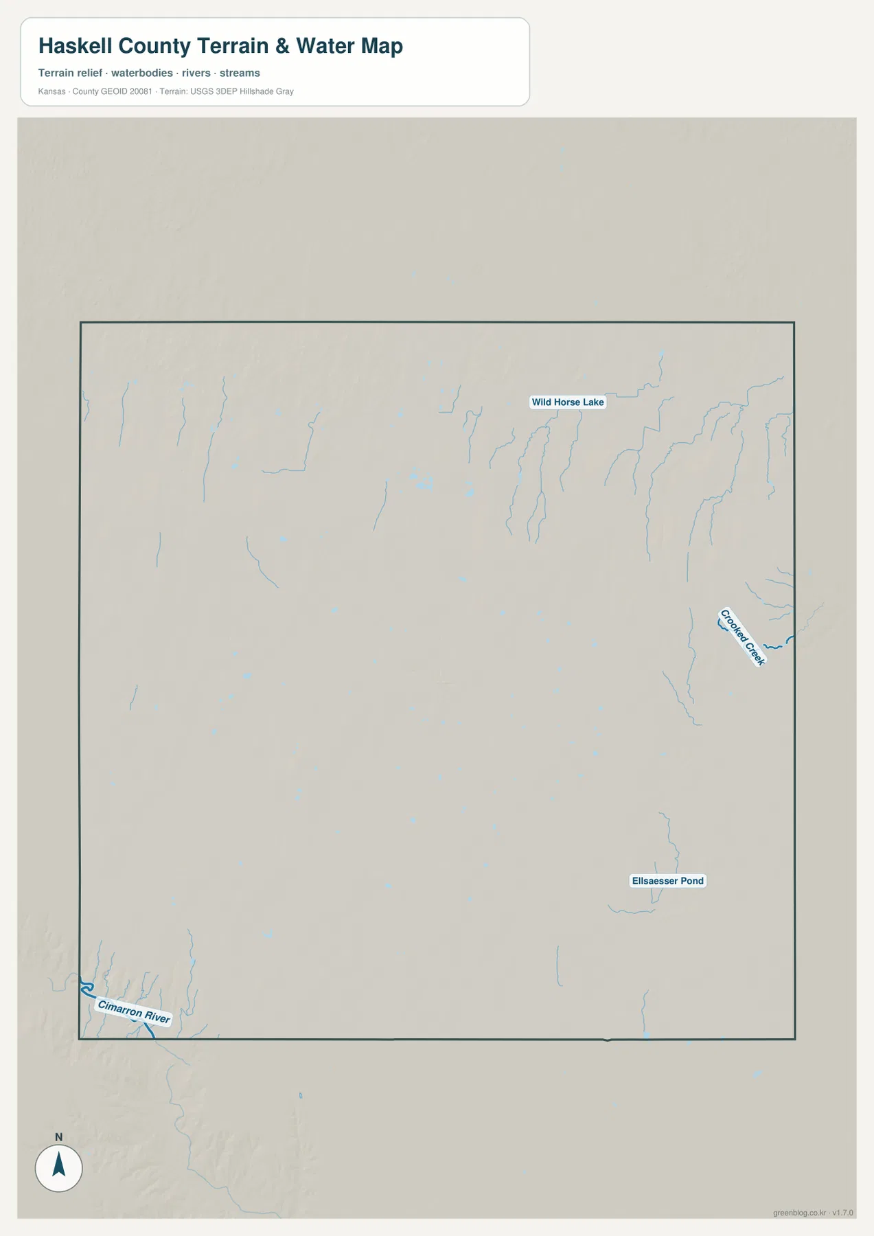 Haskell County terrain and water map showing Cimarron River, Crooked Creek, Wild Horse Lake, Ellsaesser Pond, and smaller tributaries