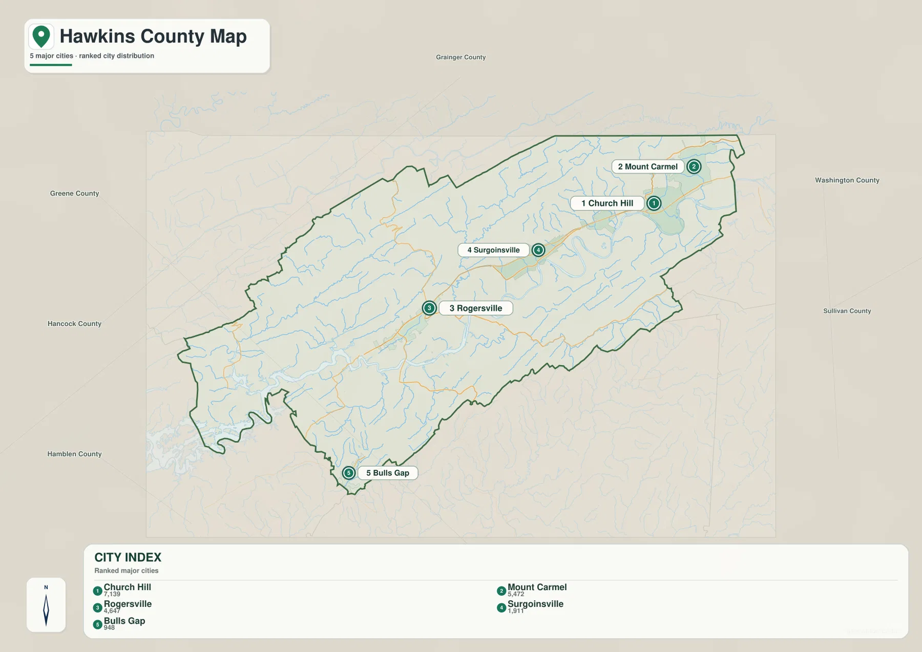 Hawkins County city map showing Church Hill, Mount Carmel, Rogersville, Surgoinsville, and Bulls Gap