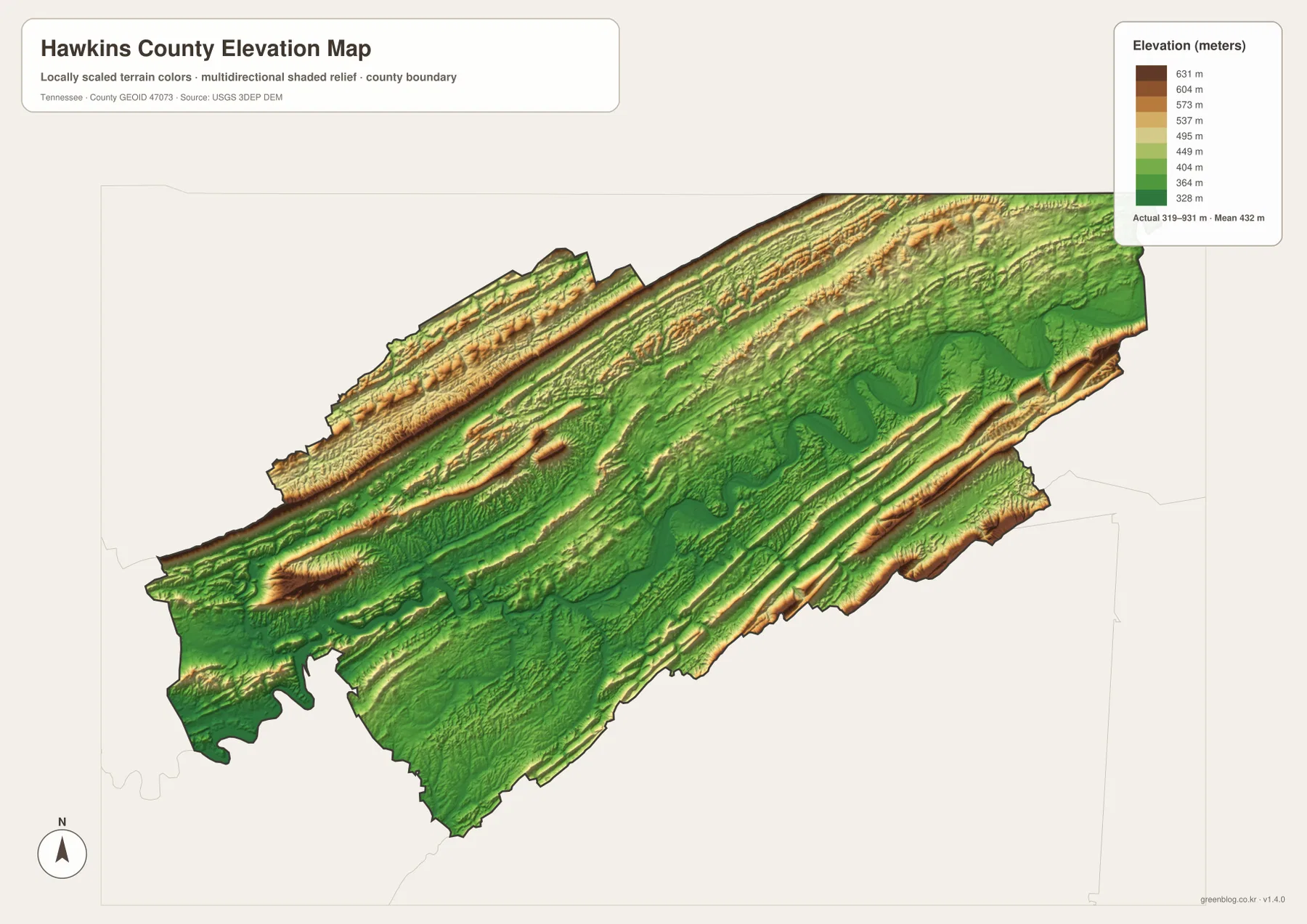 Hawkins County elevation map showing 319 to 931 meter relief, Holston River valley and high northwestern and southeastern ridges
