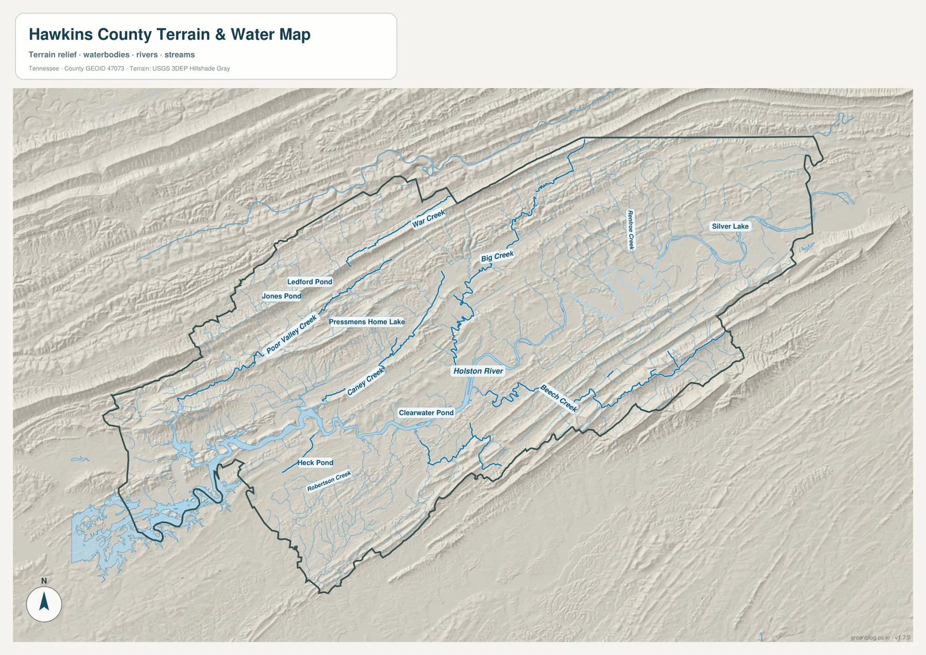 Hawkins County water map with Holston River, Big Creek, Caney Creek, Beech Creek, War Creek and named ponds and lakes