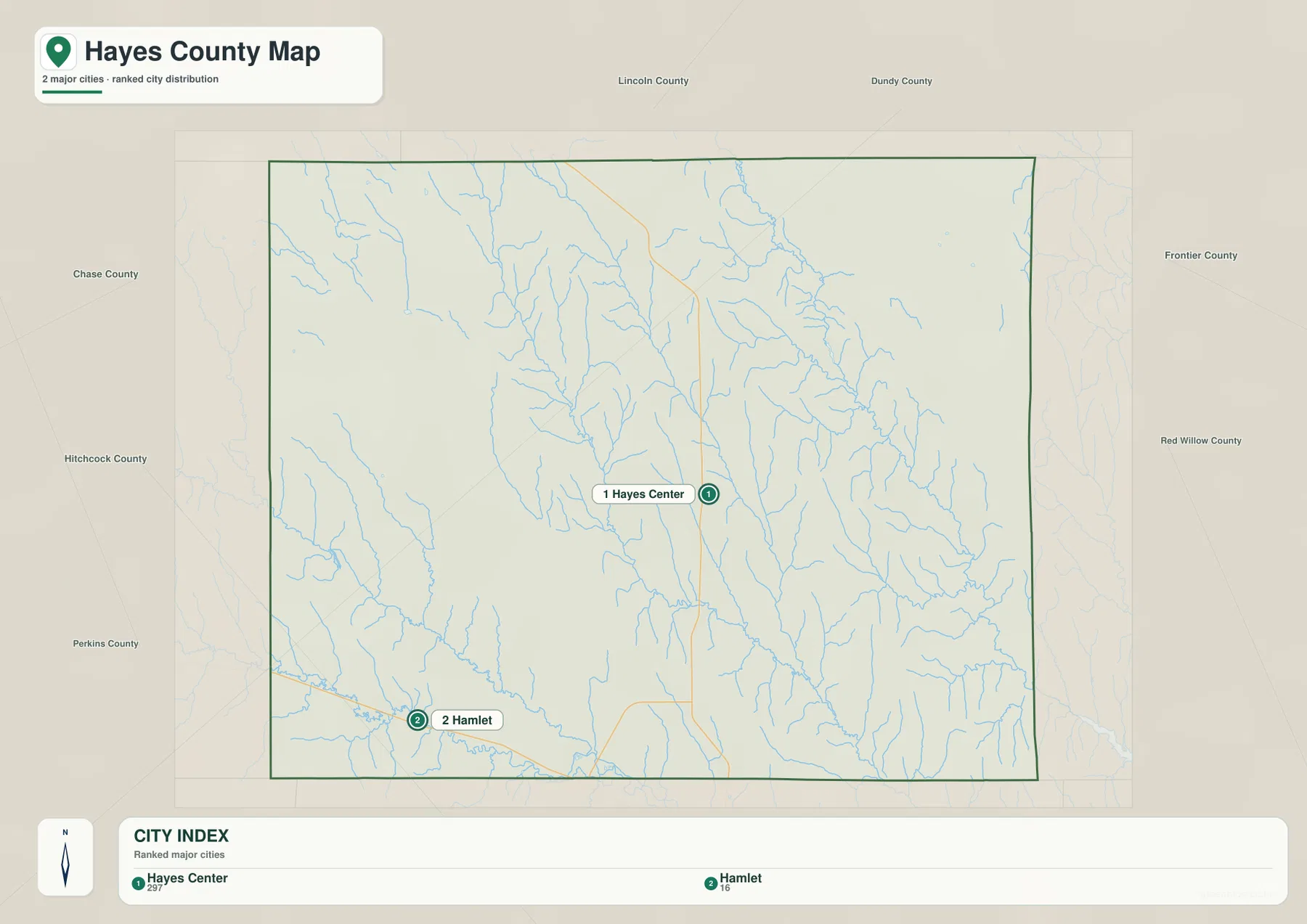 Hayes County city map showing the relative locations of Hayes Center and Hamlet