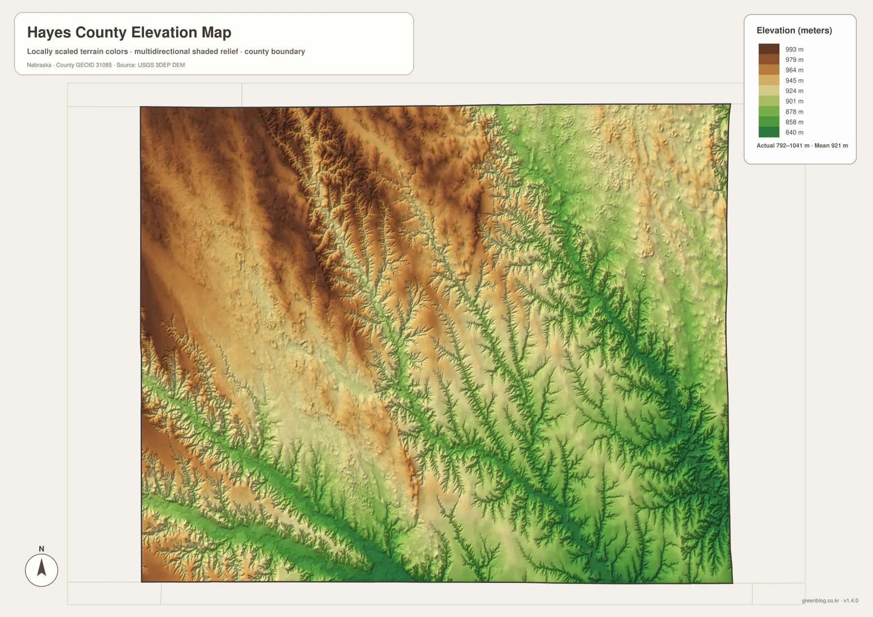 Hayes County Nebraska elevation map showing the 792 to 1,041 meter range, higher western uplands, and lower eastern valleys