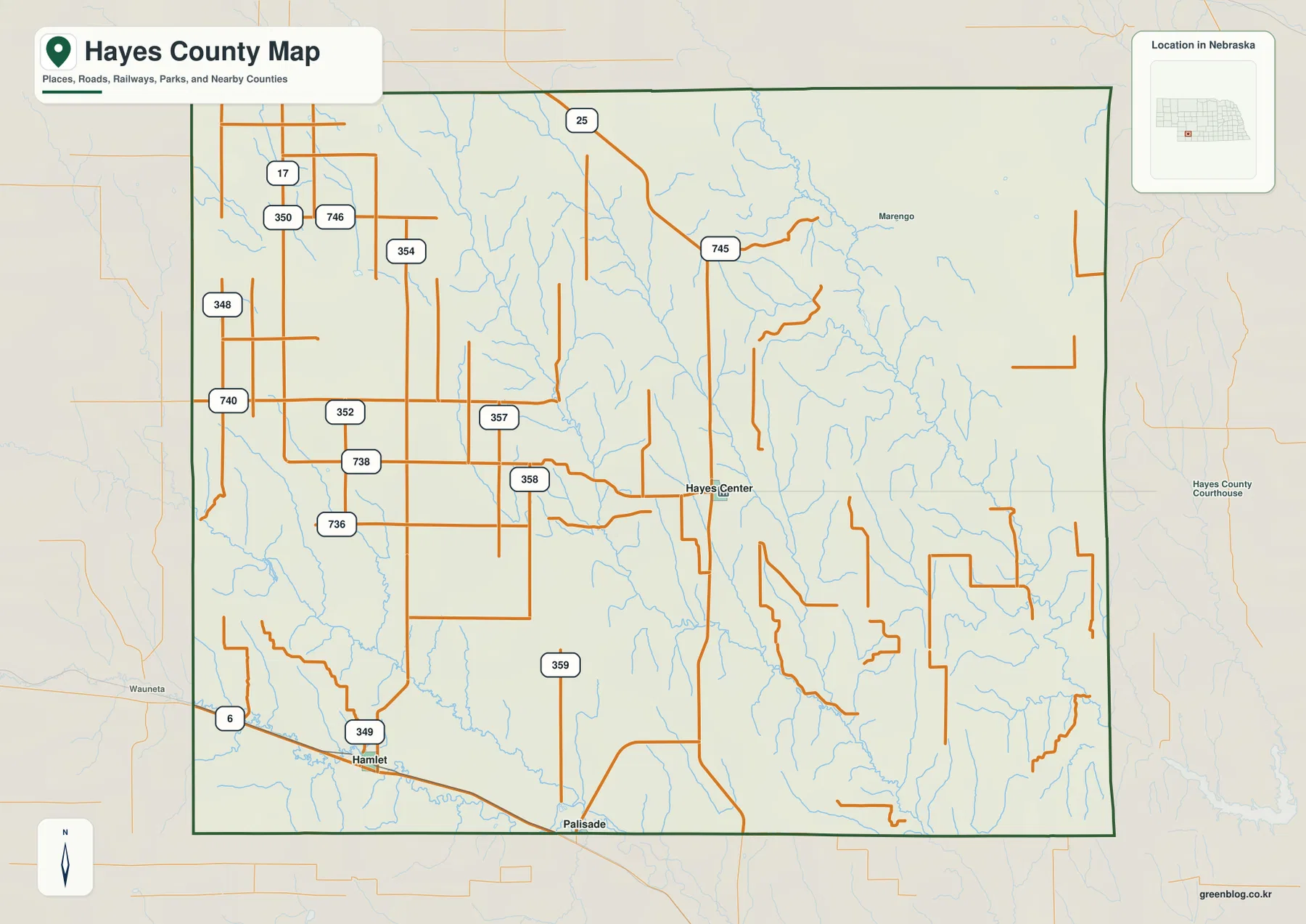 Hayes County Nebraska map showing Hayes Center, Hamlet, U.S. 6, Highway 25, local roads, streams, and the county boundary