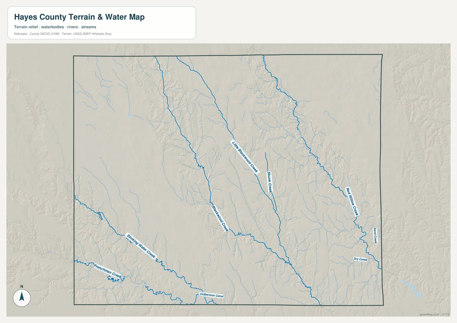 Hayes County terrain and water map with Red Willow Creek, Little Blackwood Creek, Blackwood Creek, Skunk Creek, and southwestern waterways