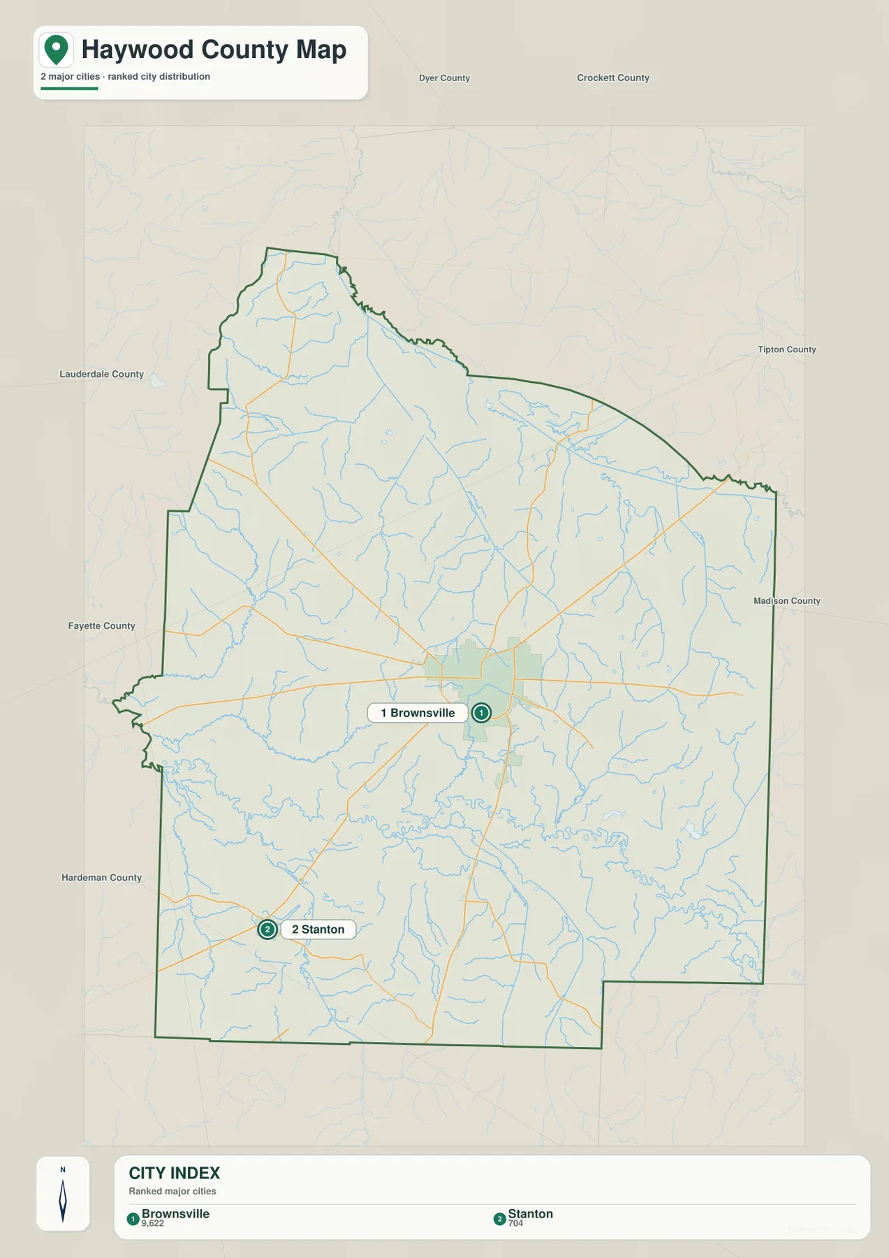 Haywood County Tennessee city map showing Brownsville and Stanton