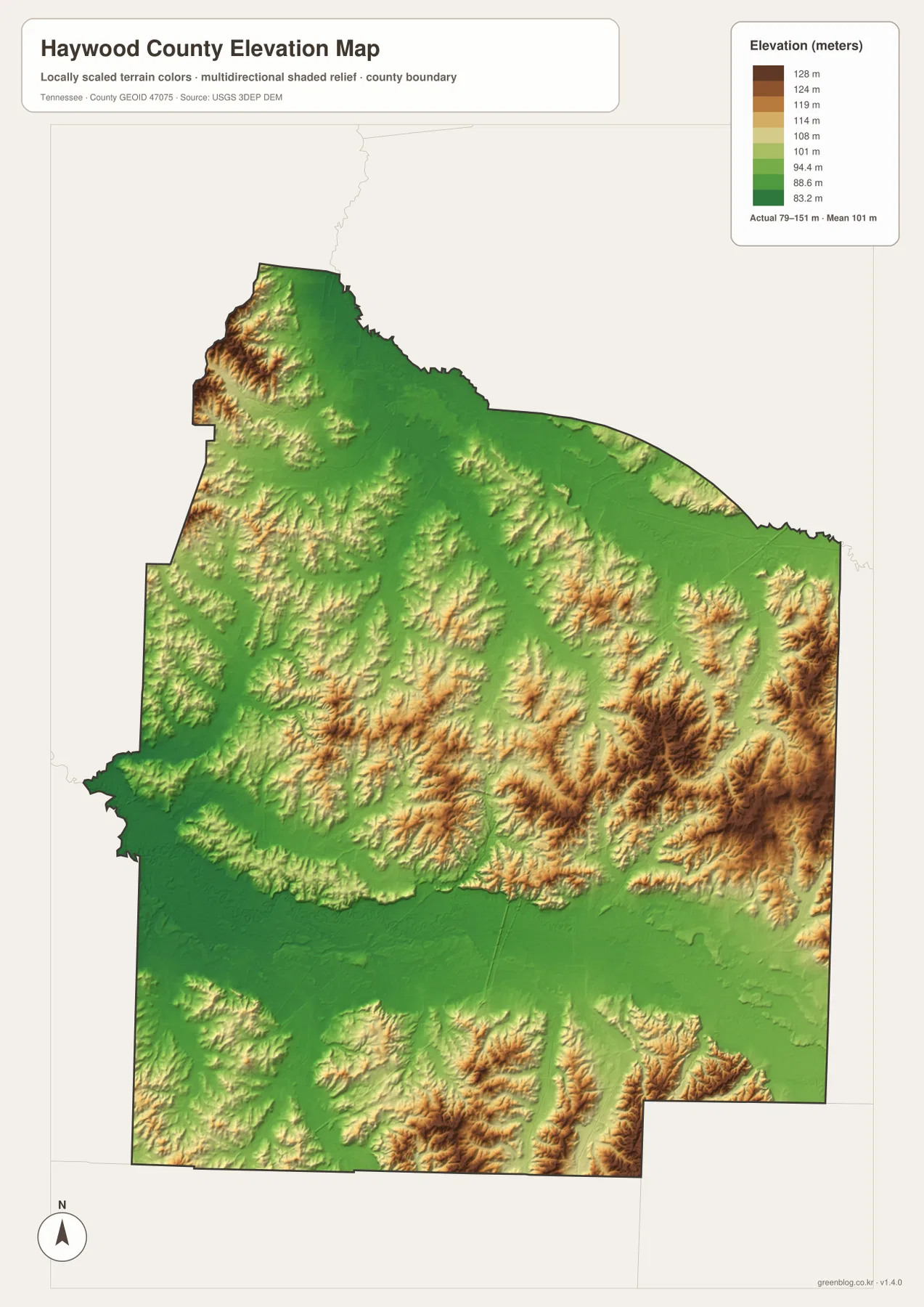 Haywood County Tennessee elevation map showing 79 to 151 meter relief, Hatchie River lowland and rolling uplands