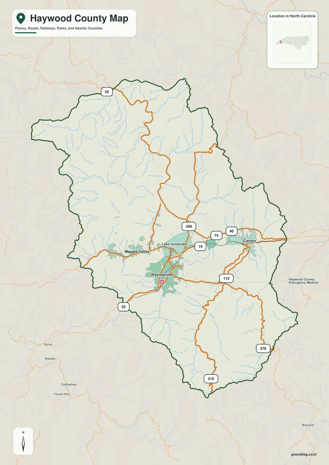 Haywood County North Carolina map showing Waynesville Canton Maggie Valley and major roads