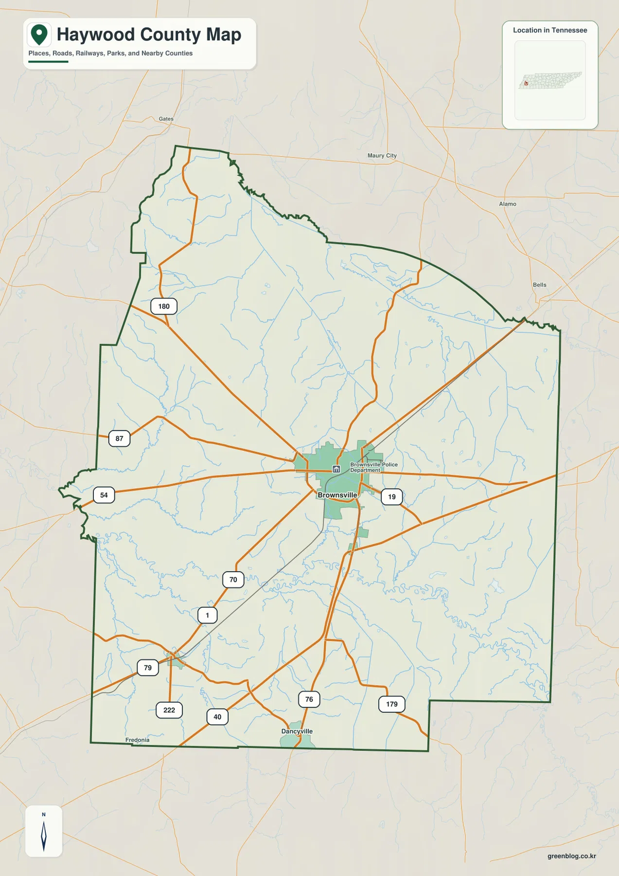 Haywood County Tennessee map with Brownsville, Stanton, Dancyville, Fredonia and major roads