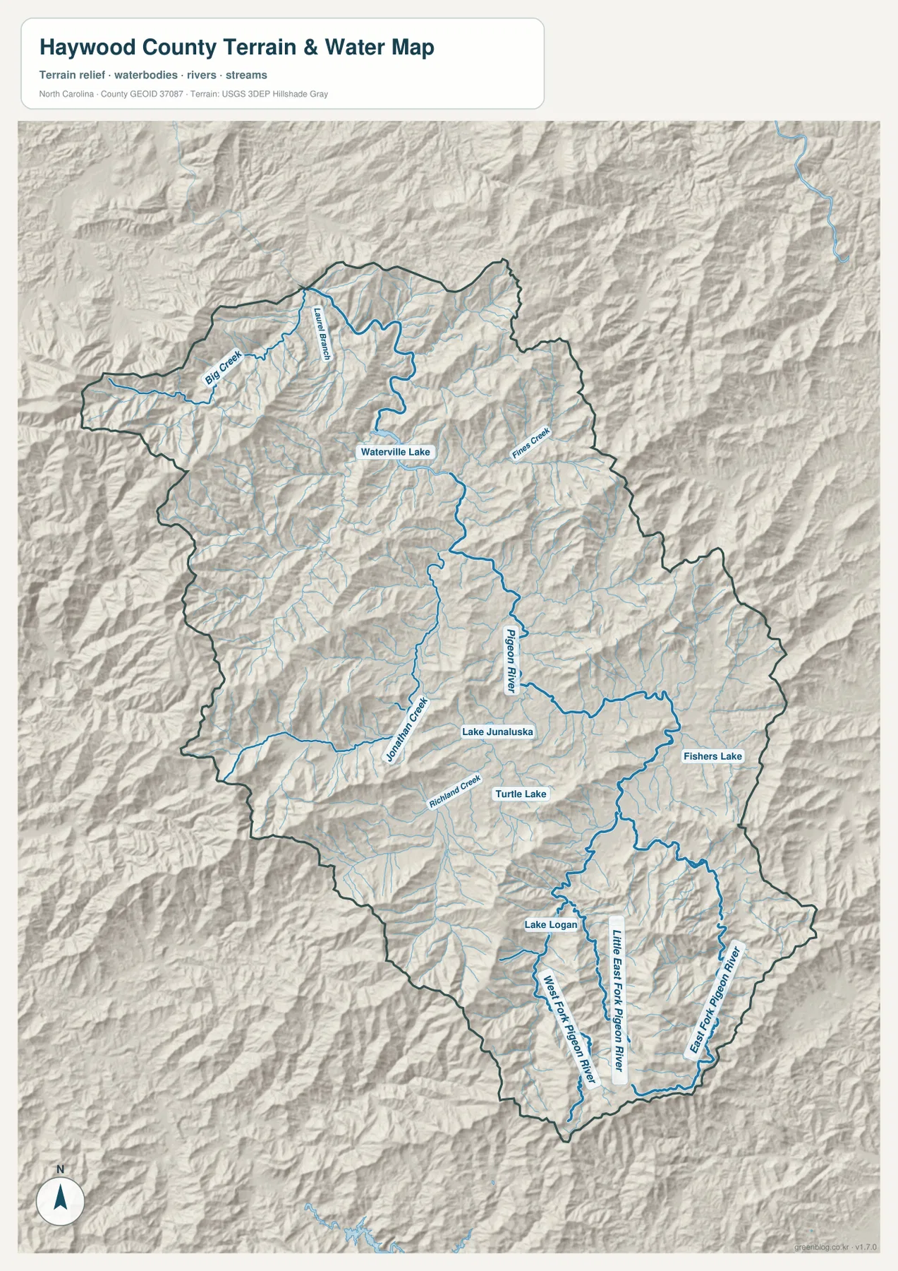 Haywood County terrain and water map showing Pigeon River Lake Junaluska and mountain tributaries