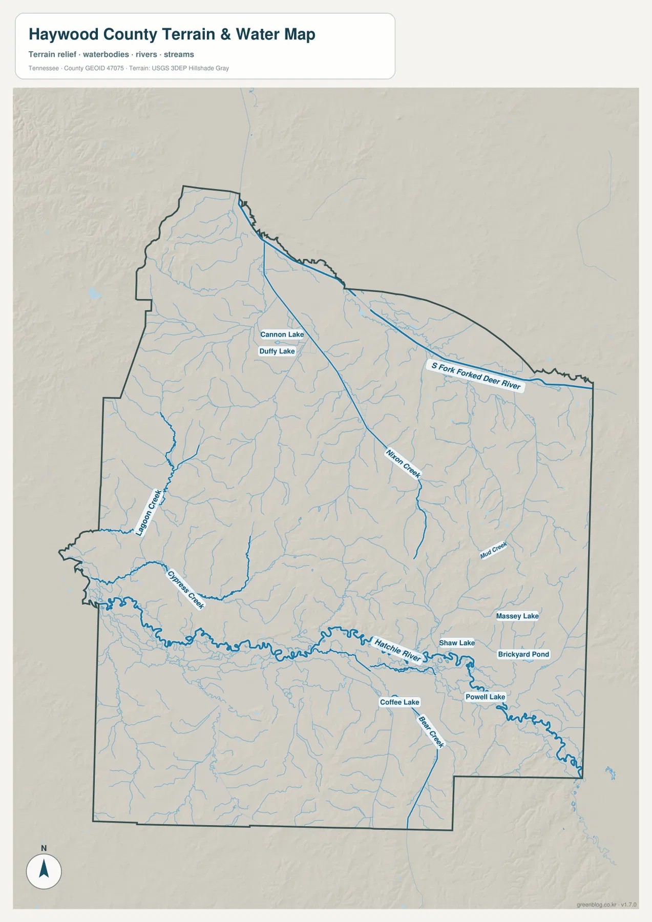 Haywood County Tennessee water map with Hatchie River, South Fork Forked Deer River, Nixon Creek and named lakes