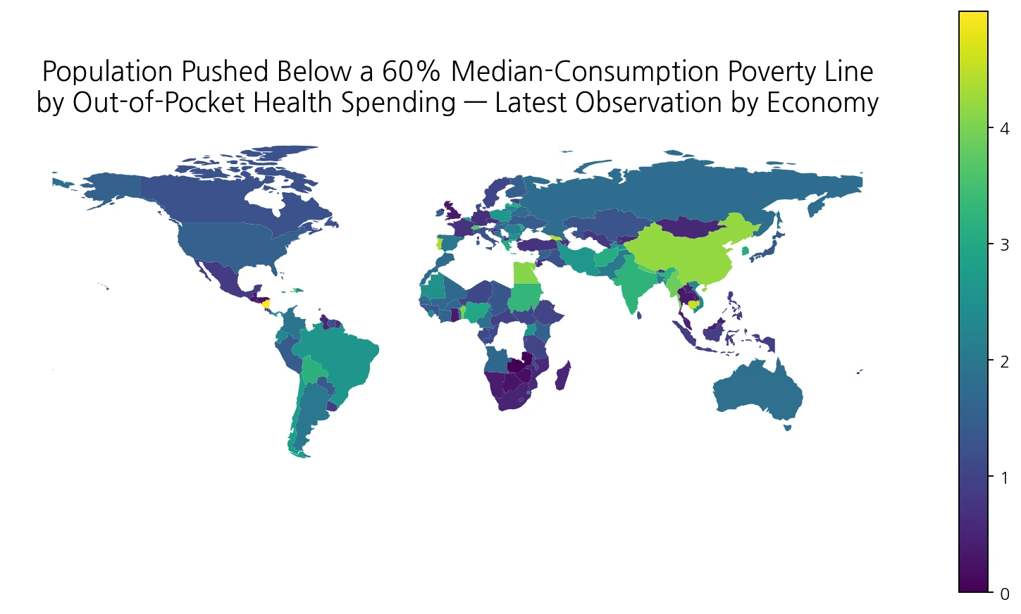 World map of the share of population pushed below a relative poverty line by out-of-pocket health spending