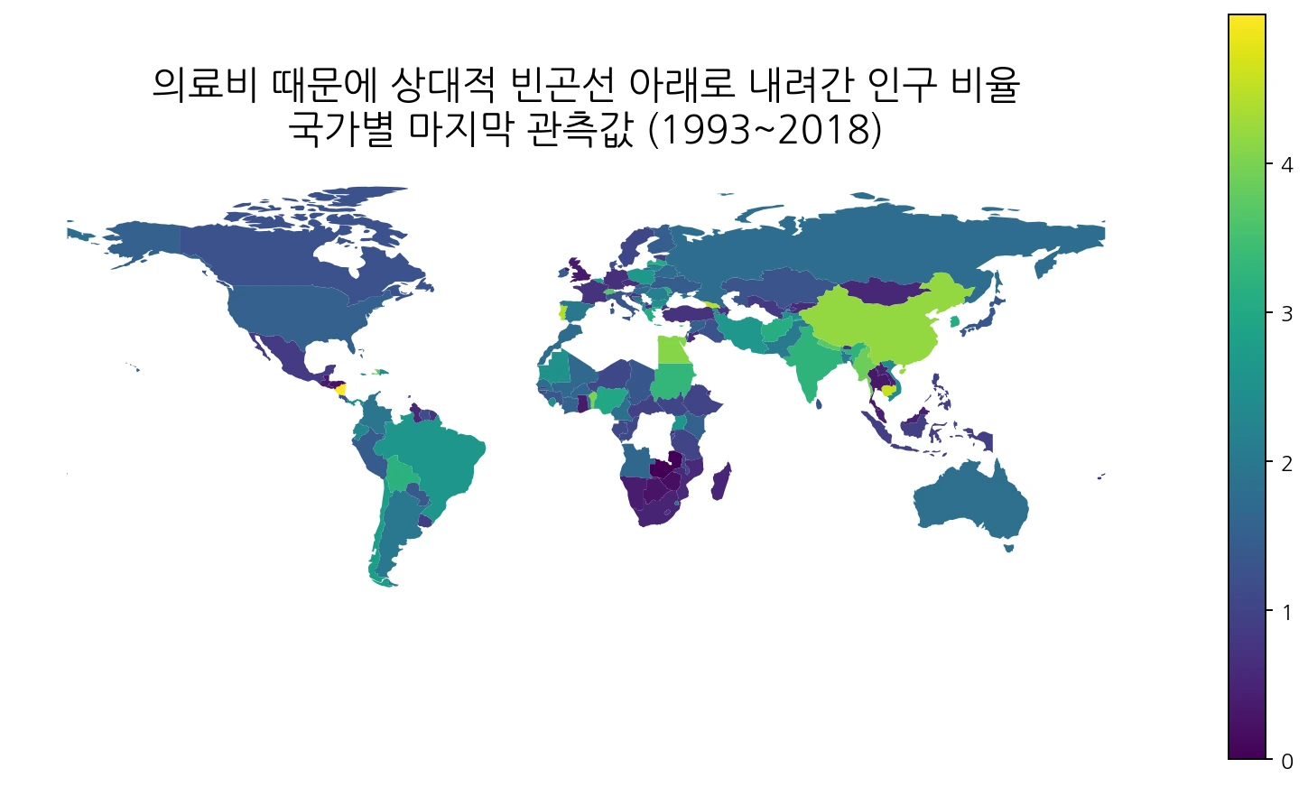 본인부담 의료비 때문에 상대적 빈곤선 아래로 내려간 인구 비율 세계 지도