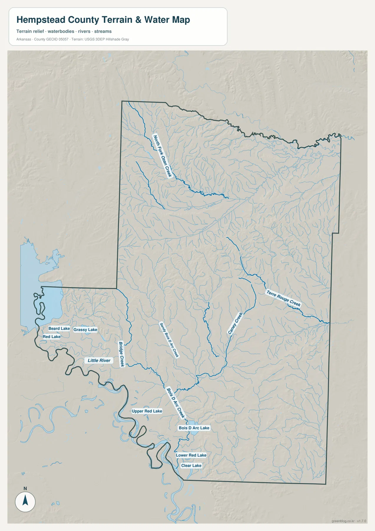 Little River, North Fork Ozan Creek, Caney Creek, Terre Rouge Creek와 여러 호수를 표시한 헴프스테드 카운티 수역 지형 지도