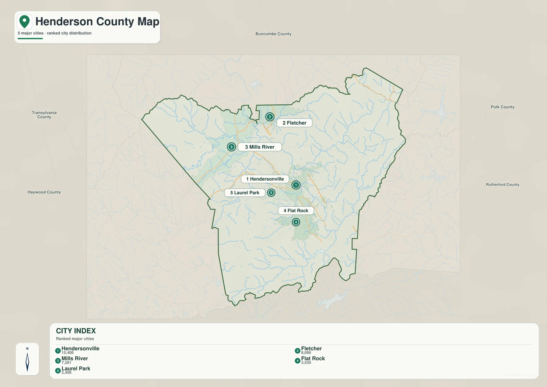Henderson County city map showing Hendersonville, Fletcher, Mills River, Flat Rock, and Laurel Park