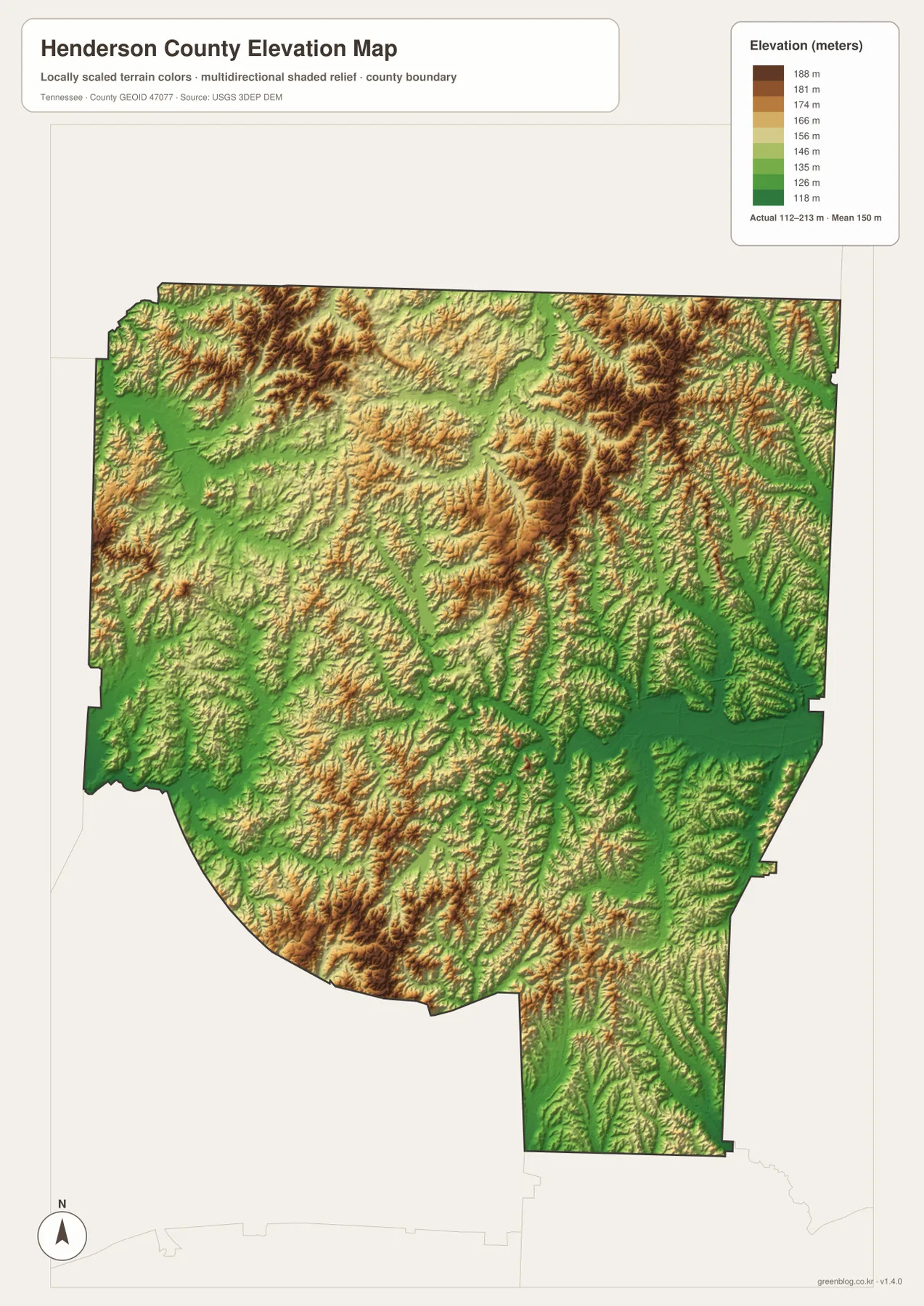 Henderson County Tennessee elevation map showing 112 to 213 meter relief, Beech River lowland and higher northern ridges